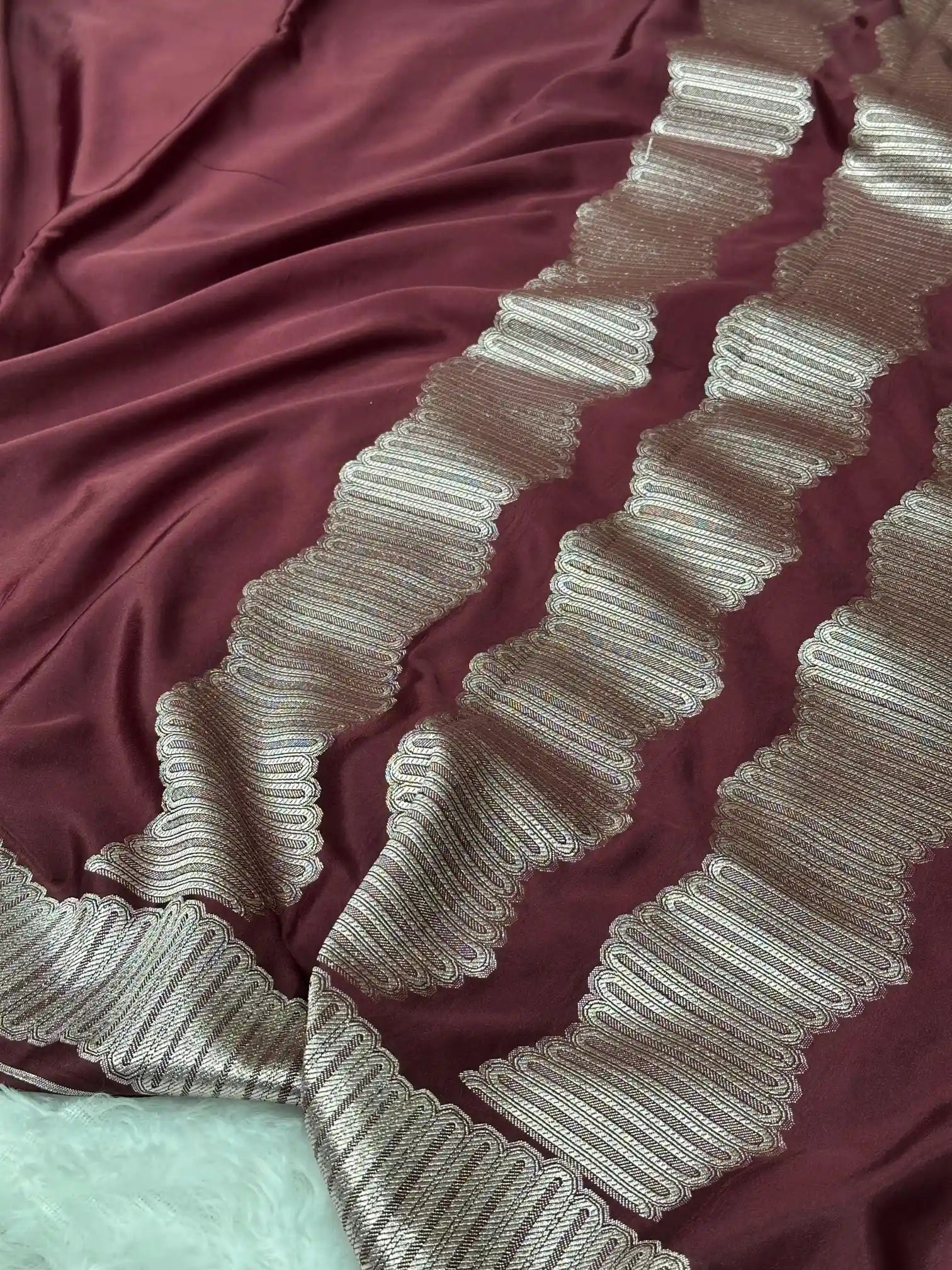 Maroon Scallop Weave Mashru silk Banarasi saree
