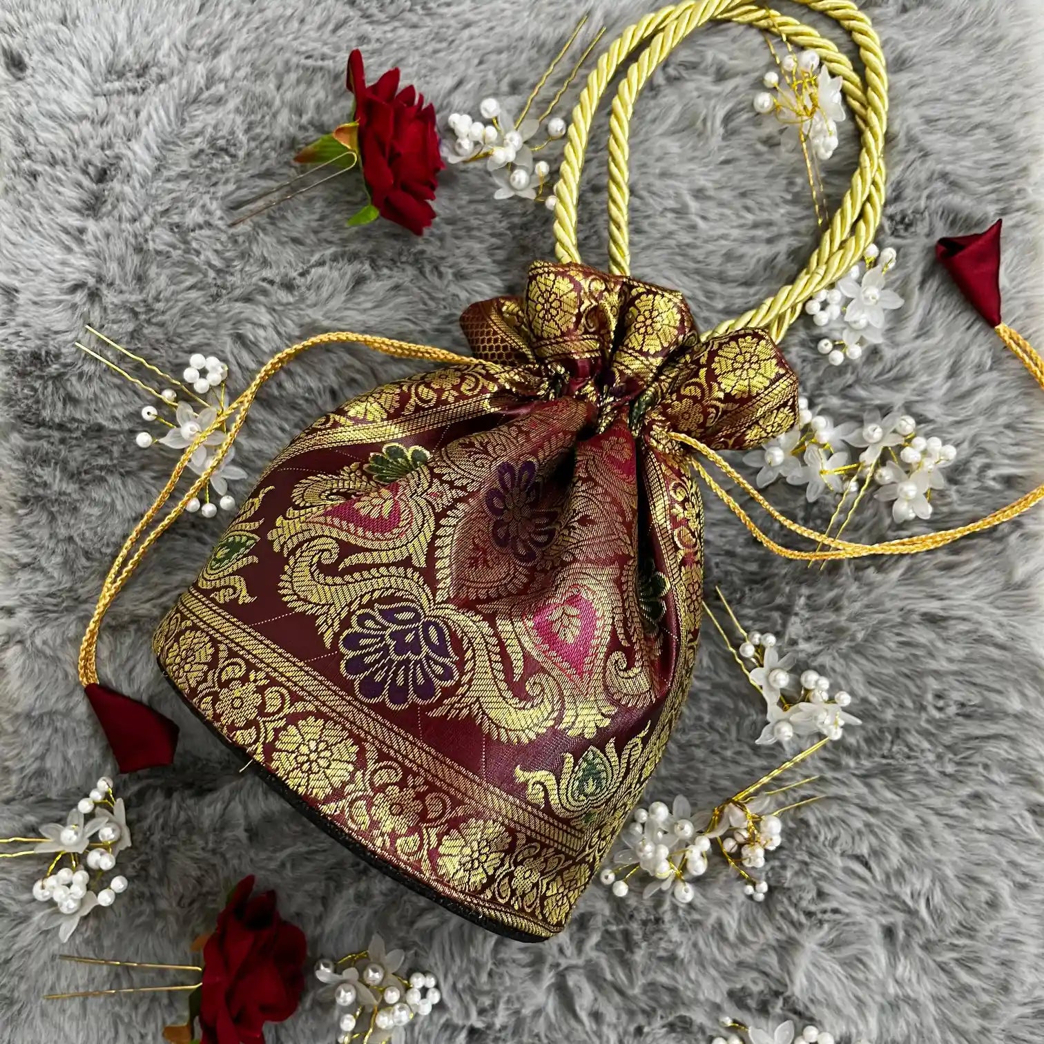 Maroon Shade Banarasi Potli Bags
