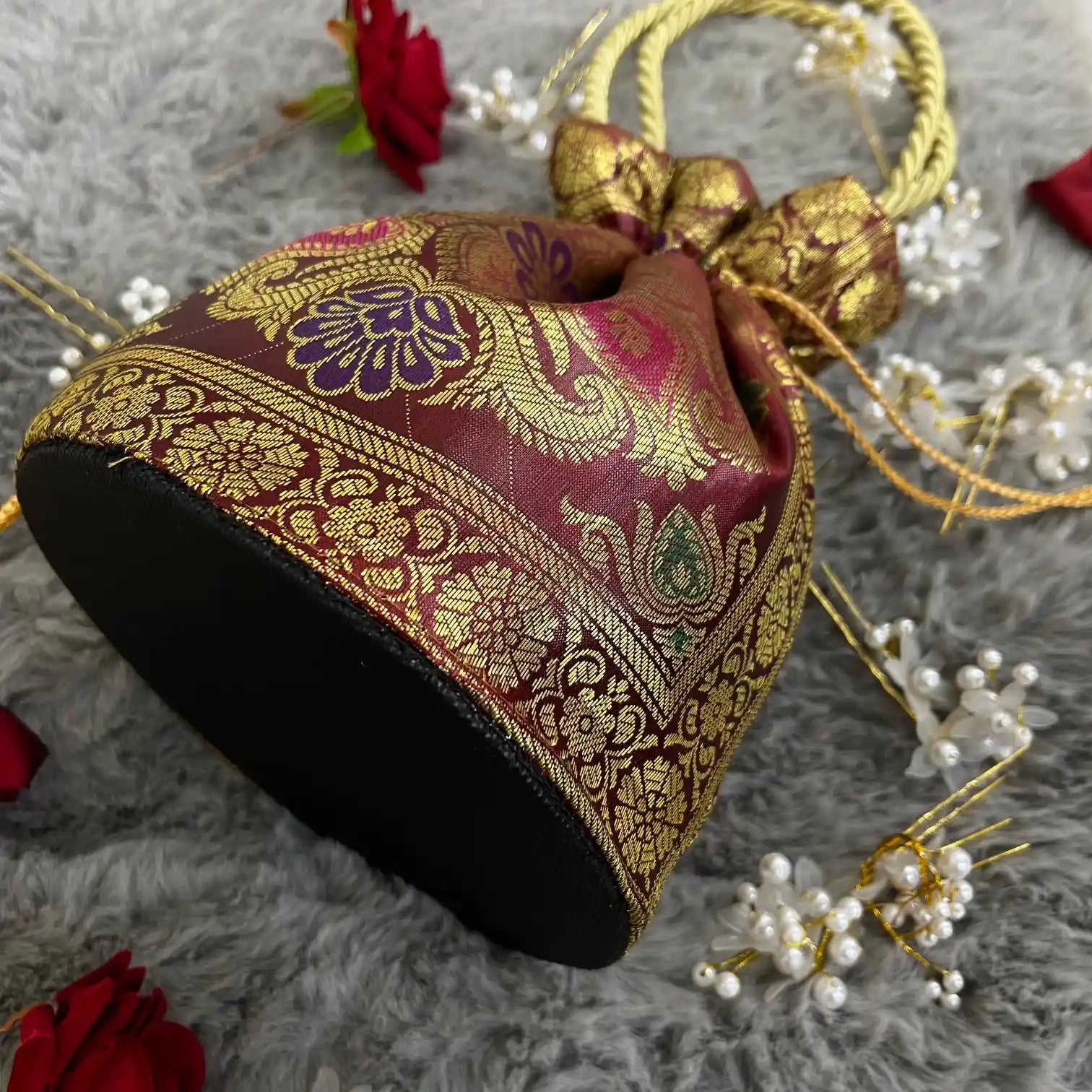 Maroon Shade Banarasi Potli Bags