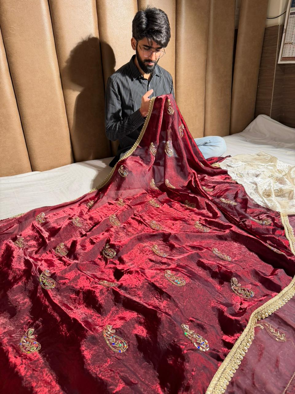 Maroon Shade Shimmery Tissue Silk Handwork Saree