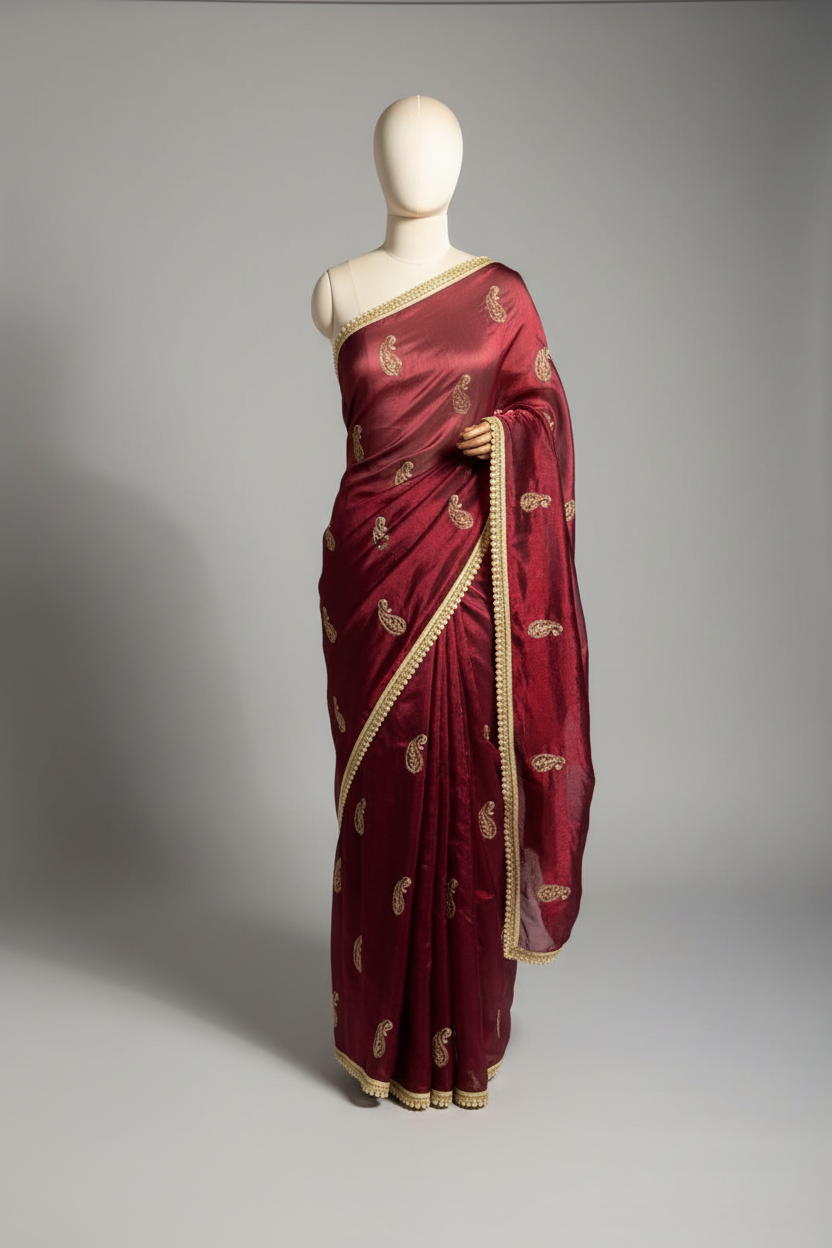 Maroon Shade Shimmery Tissue Silk Handwork Saree