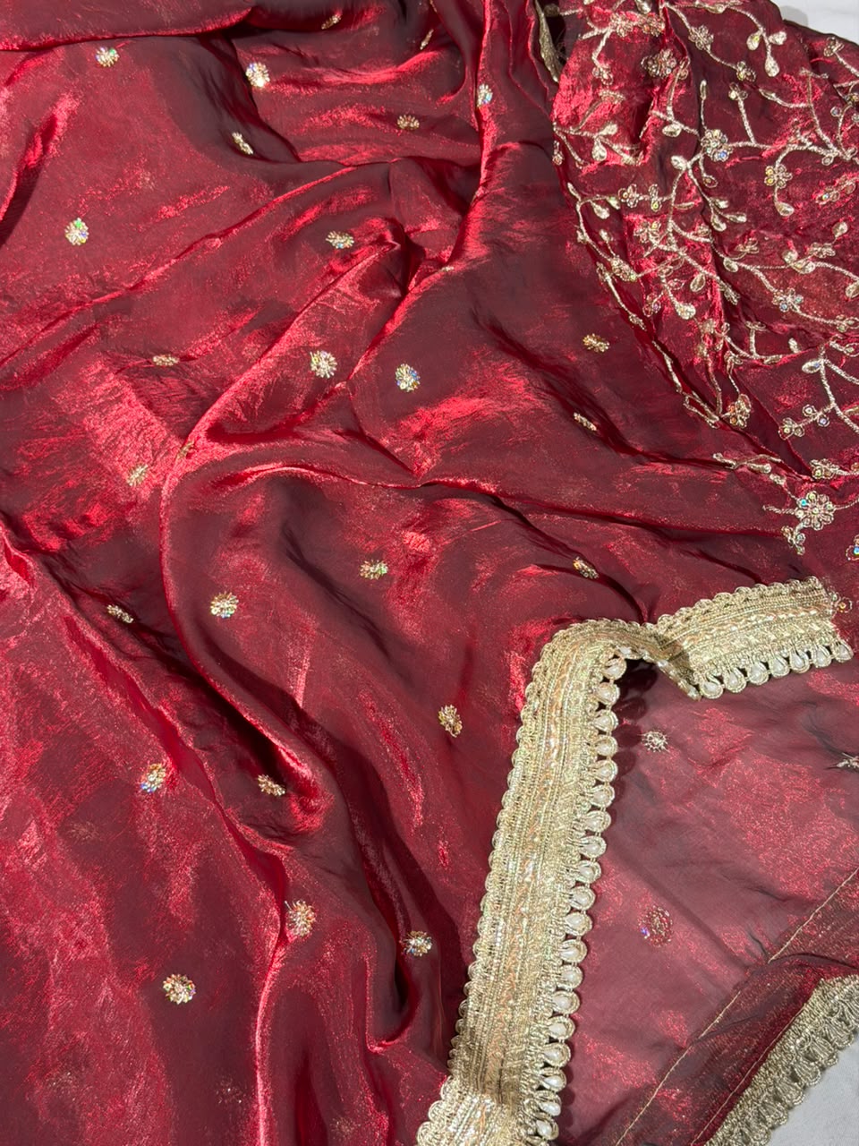Maroon Shimmery Tissue Silk Embroidered Lace Work Saree