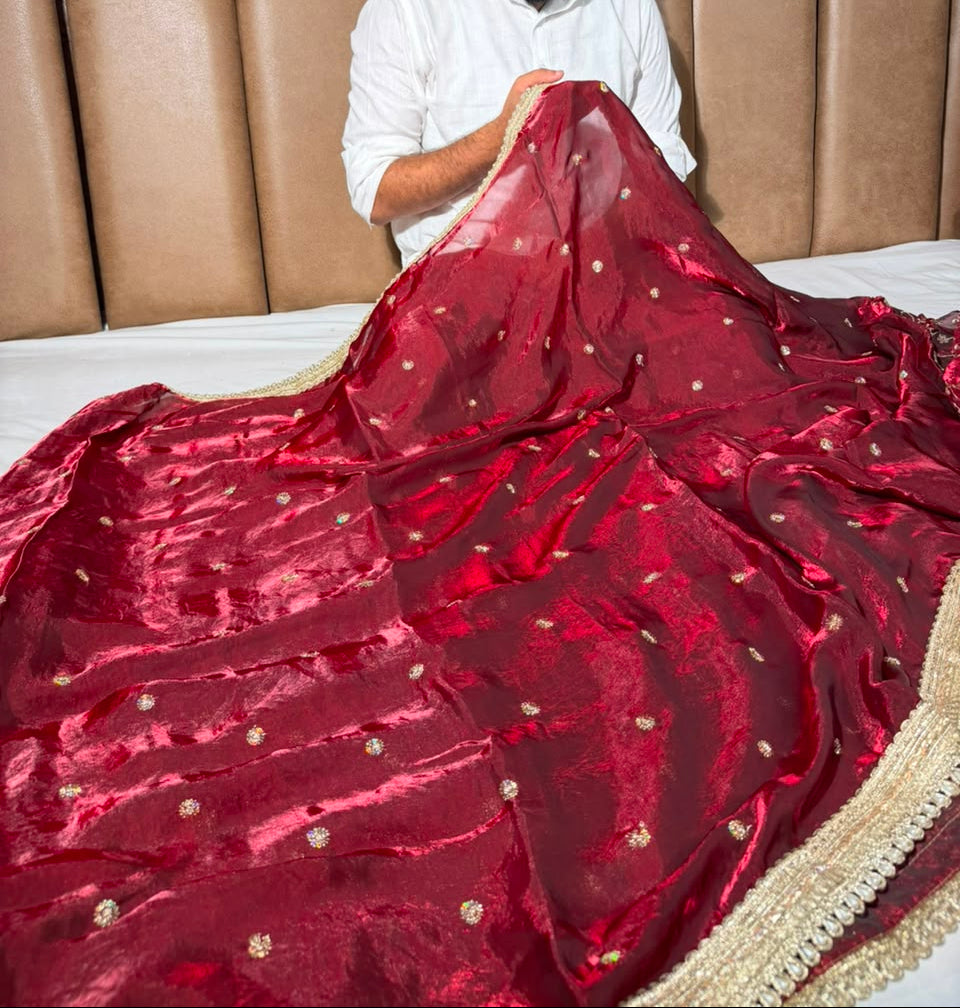 Maroon Shimmery Tissue Silk Embroidered Lace Work Saree