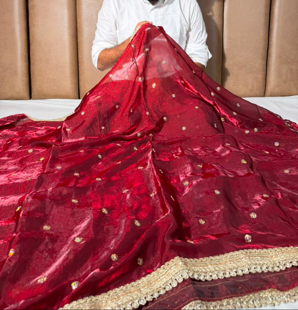 Maroon Shimmery Tissue Silk Embroidered Lace Work Saree