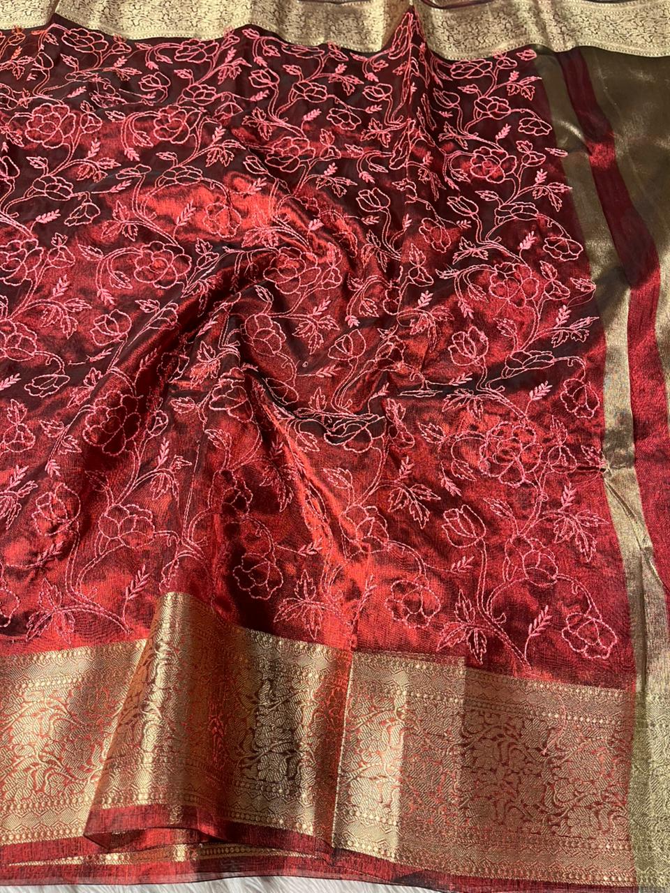 Maroon Tissue Silk Chikankari Embossed Banarasi Saree