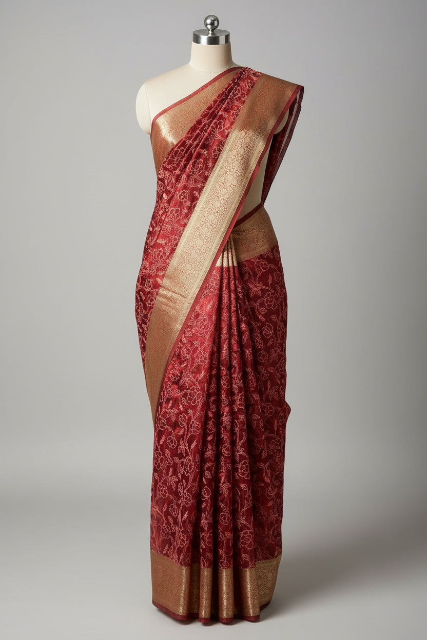 Maroon Tissue Silk Chikankari Embossed Banarasi Saree