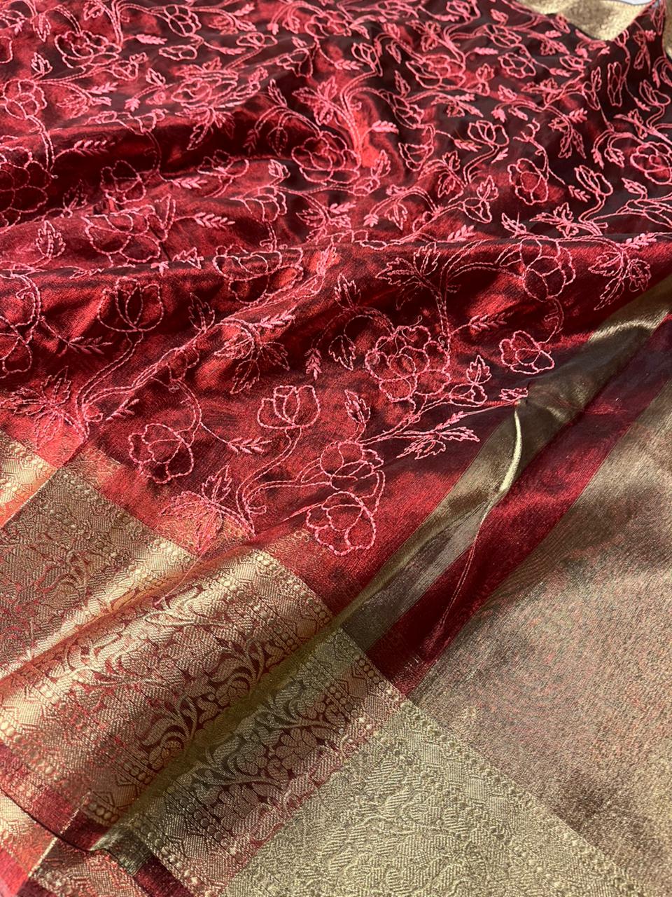 Maroon Tissue Silk Chikankari Embossed Banarasi Saree