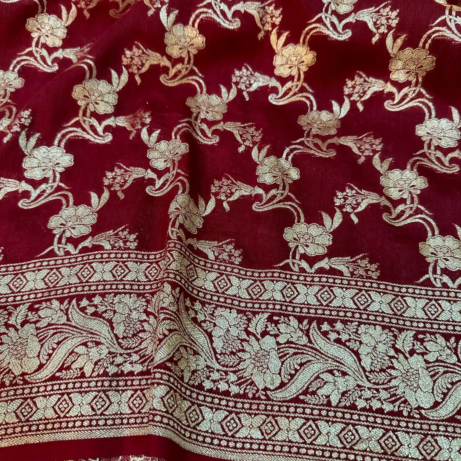 Maroon Jaal Weave Munga Silk Banarasi Saree