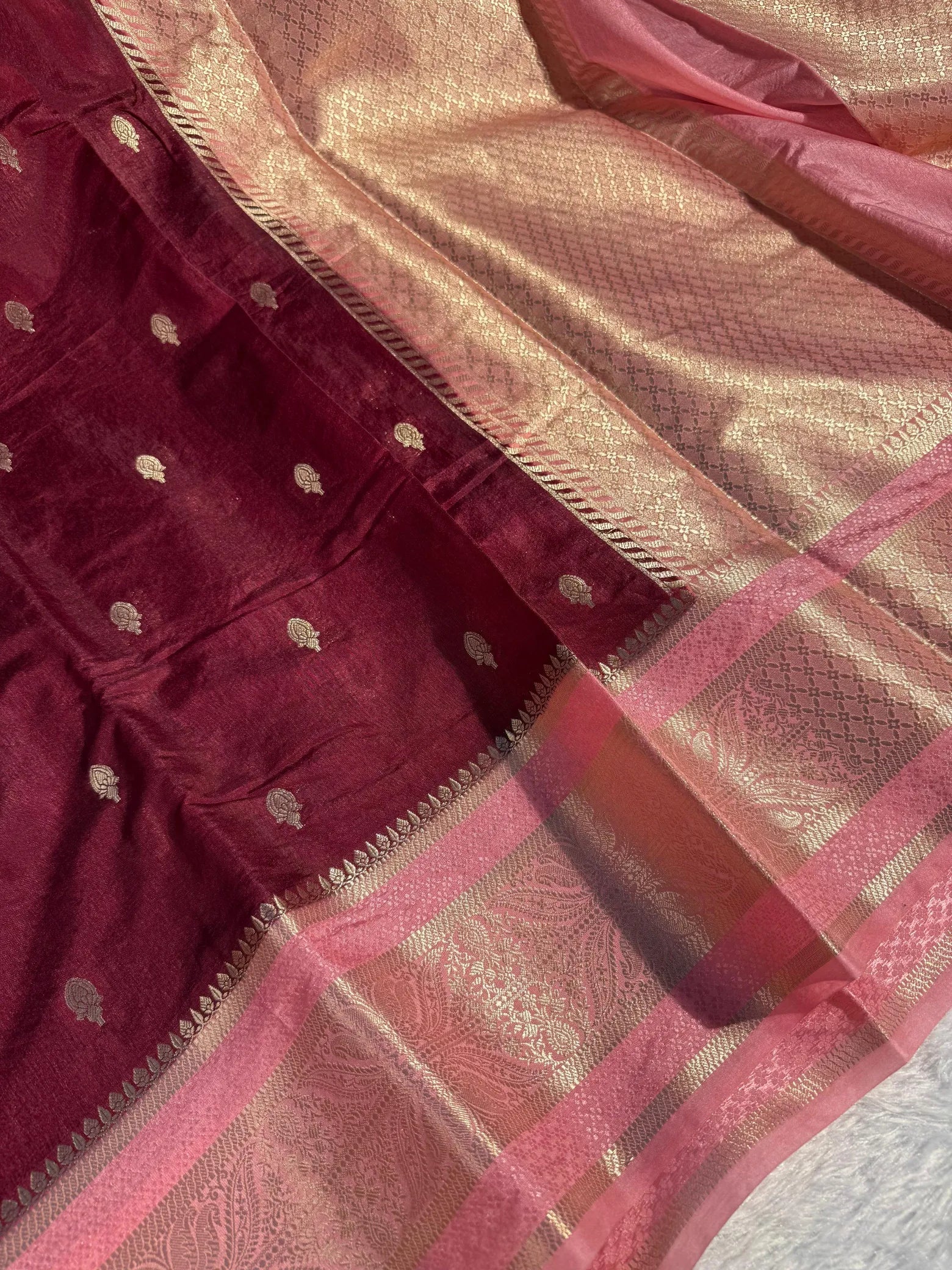 Maroon shade heritage weave Chinia silk Banarasi saree