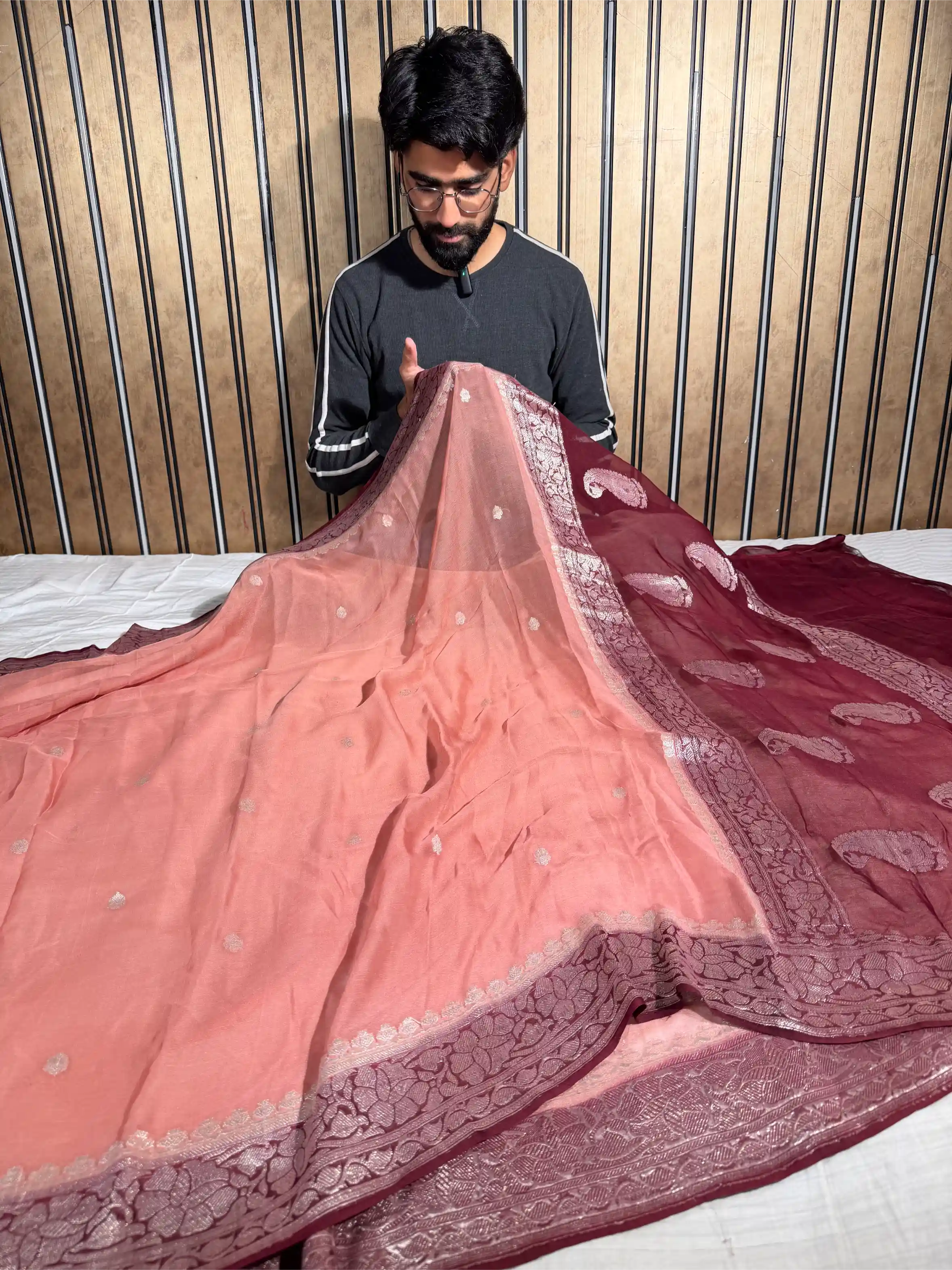 Mauve Peach Pure Khaddi Chiffon Silk Handwoven Banarasi Saree