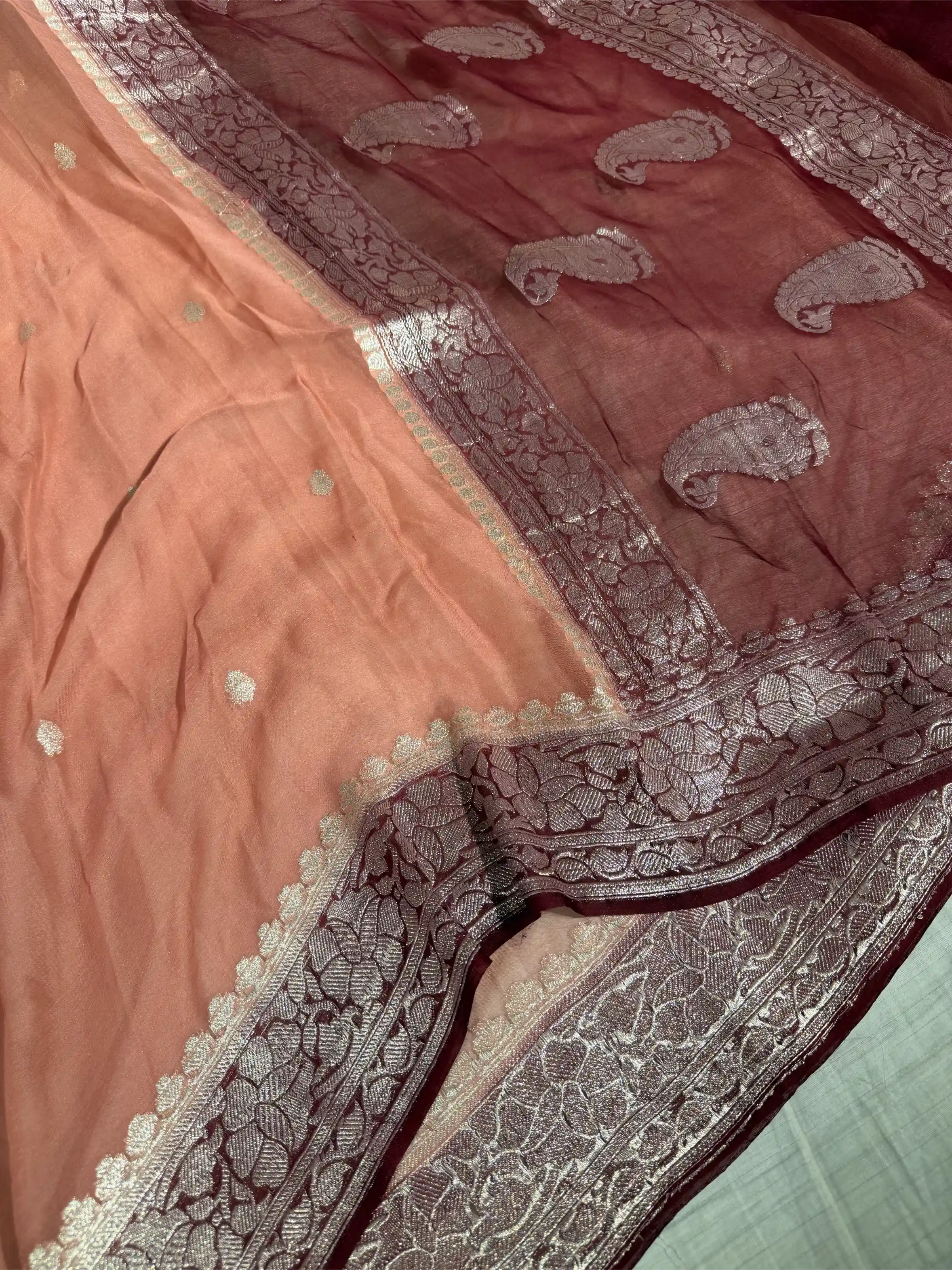 Mauve Peach Pure Khaddi Chiffon Silk Handwoven Banarasi Saree