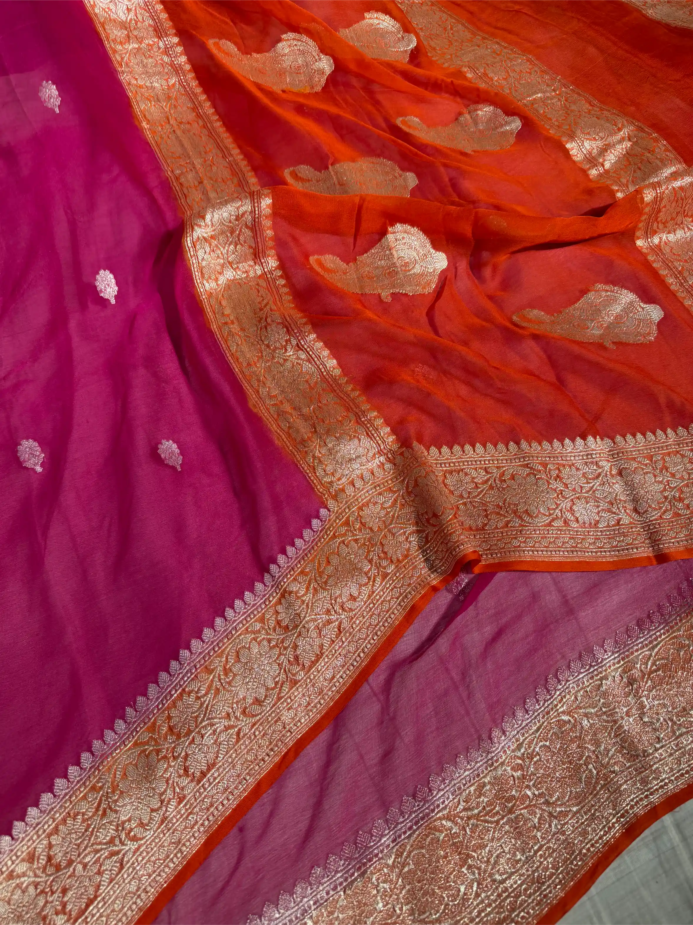 Mauve Peach Pure Khaddi Chiffon Silk Handwoven Banarasi Saree