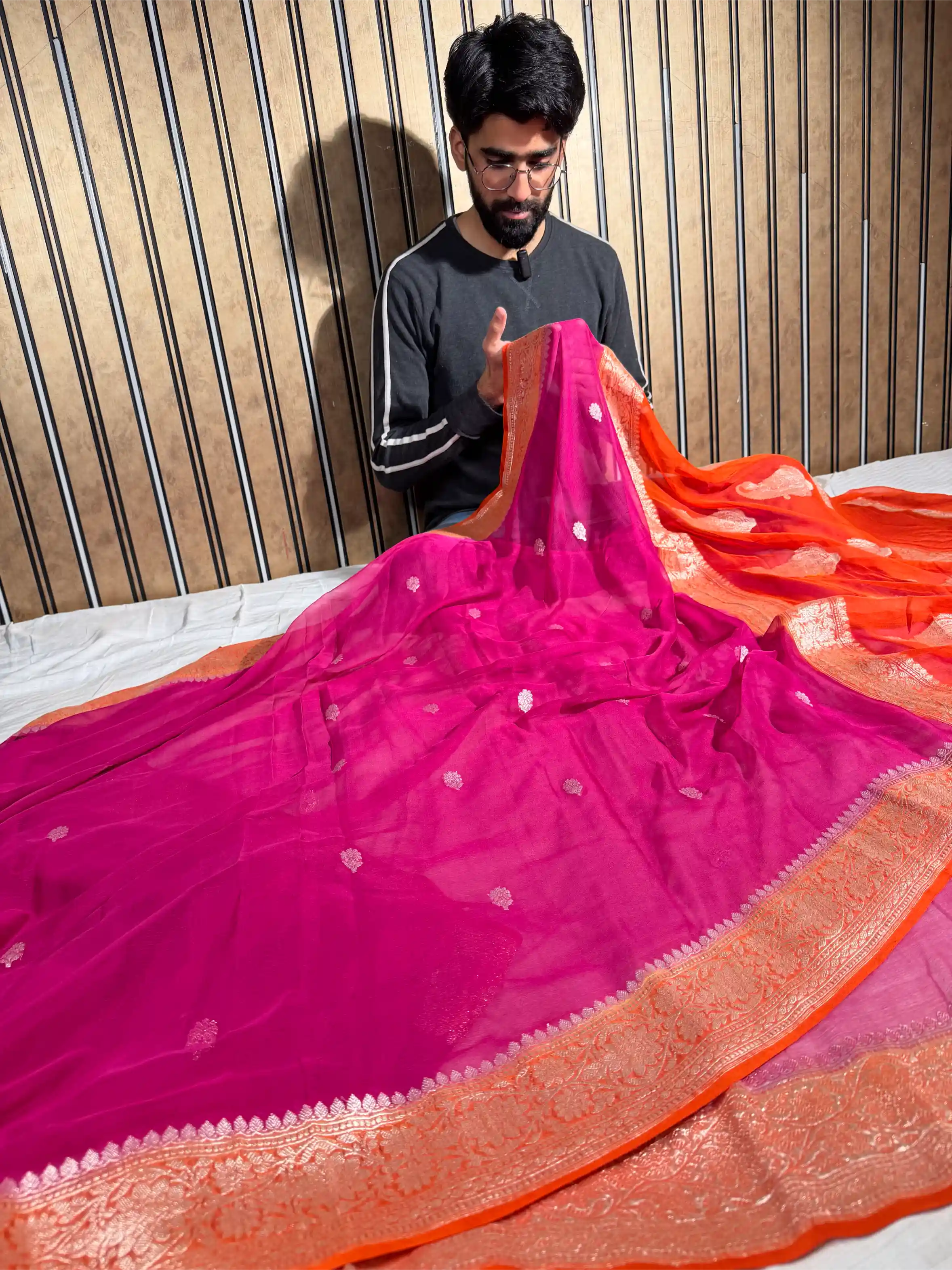 Mauve Peach Pure Khaddi Chiffon Silk Handwoven Banarasi Saree