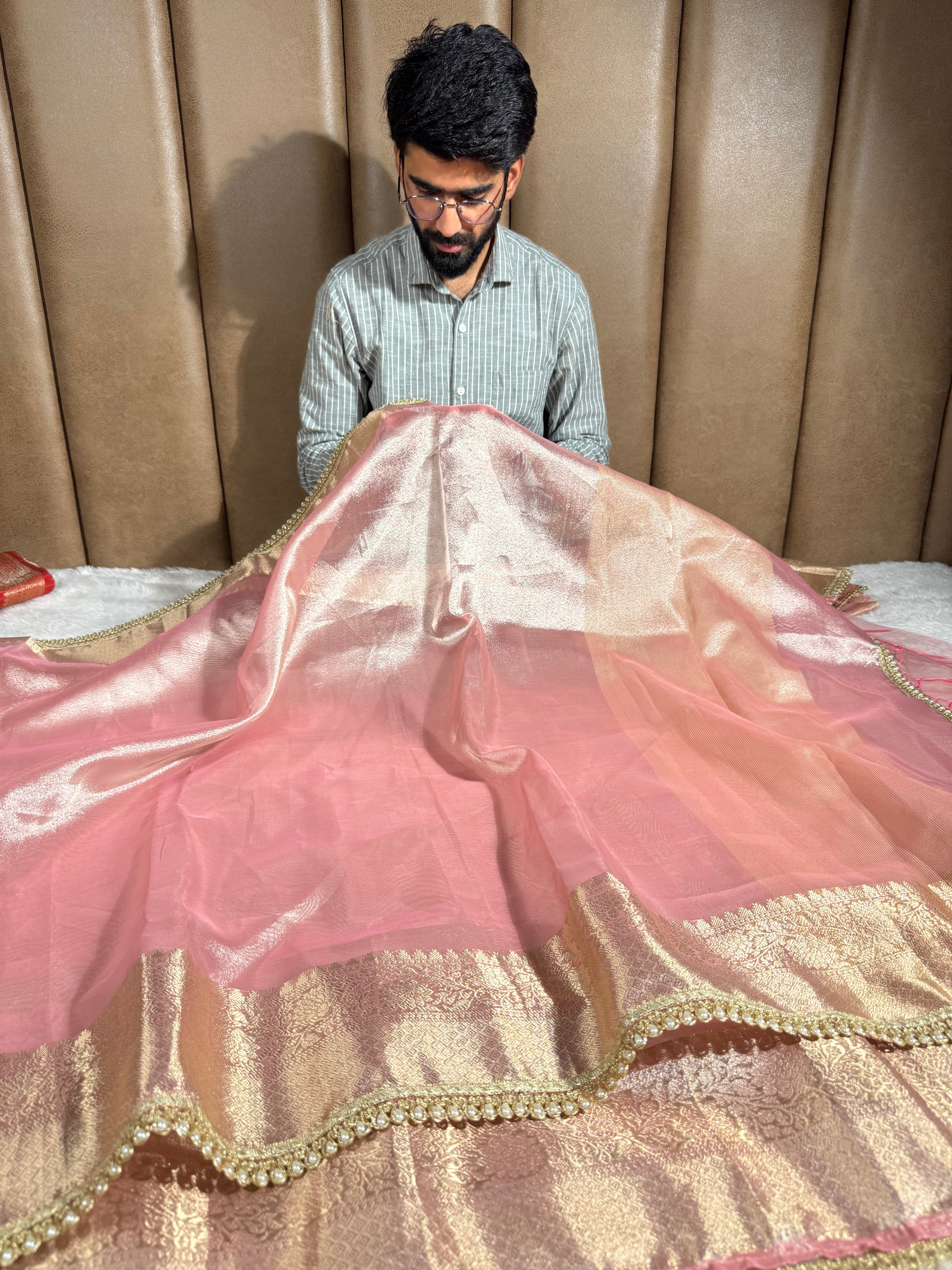 Mauve Pink Glass Tissue Silk Designer Banarasi Saree