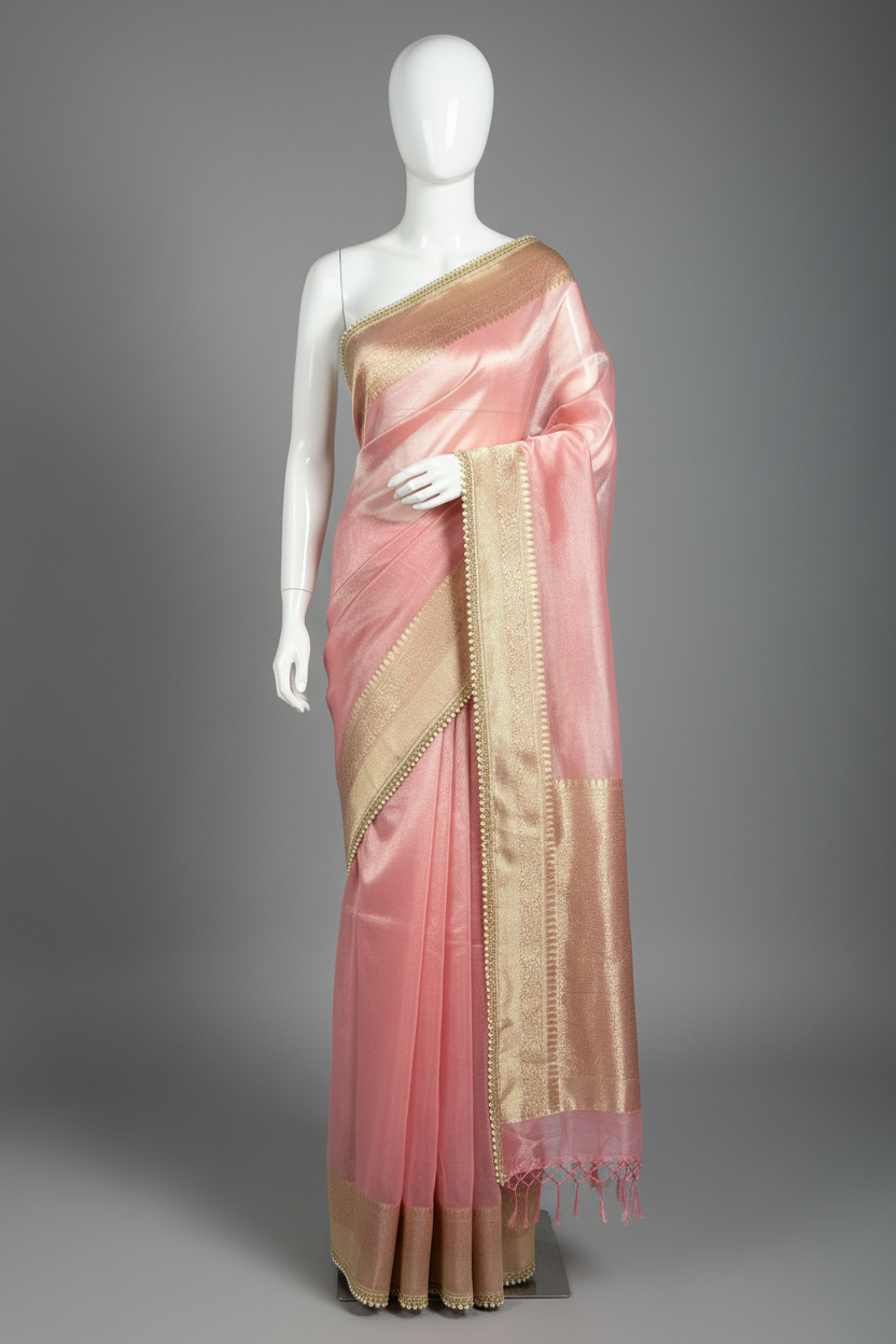 Mauve Pink Glass Tissue Silk Designer Banarasi Saree