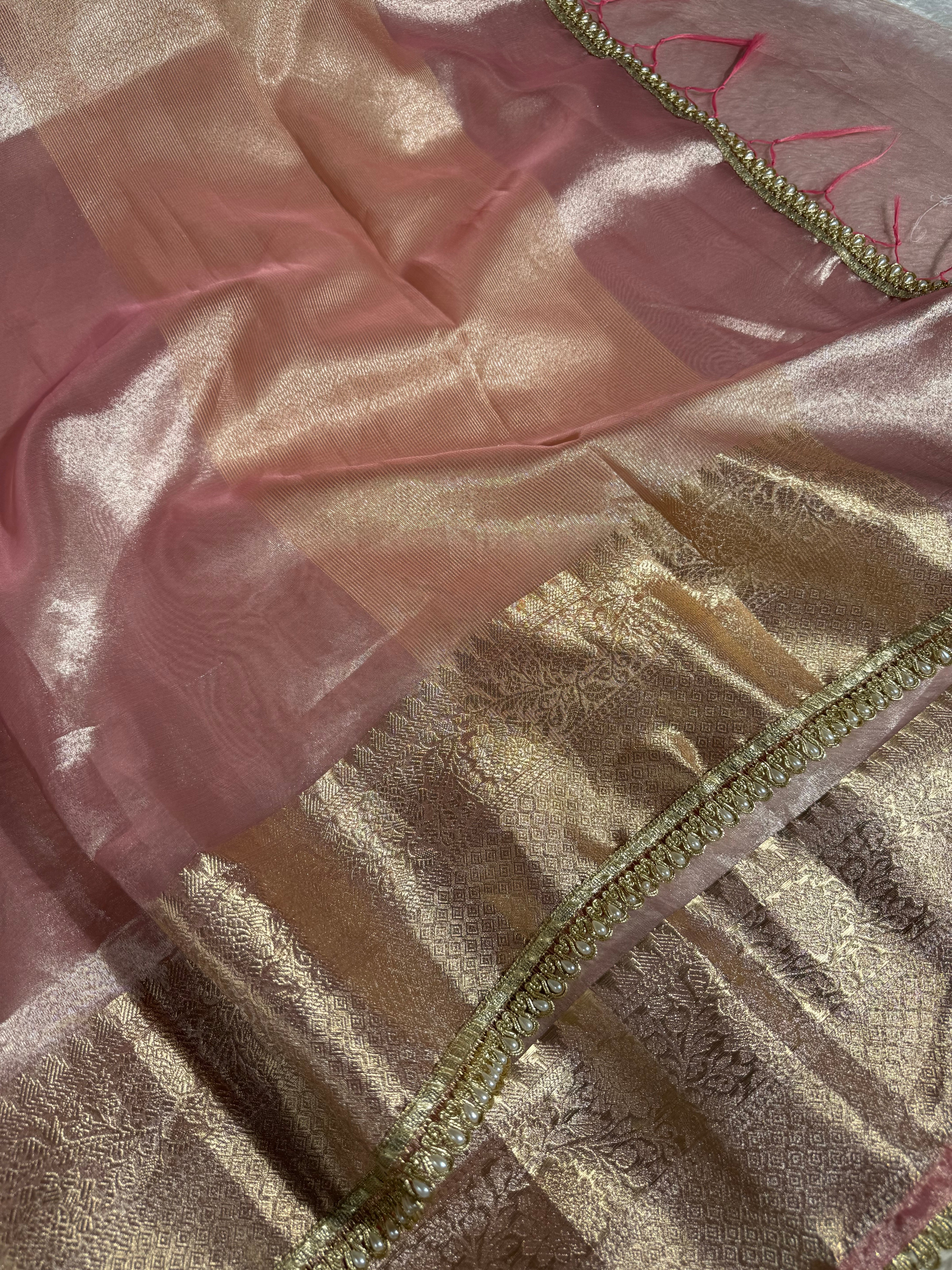 Mauve Pink Glass Tissue Silk Designer Banarasi Saree