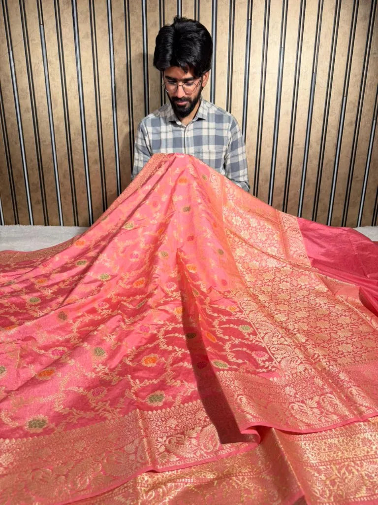 Mauve pink floral Meenakari warm silk Banarasi saree