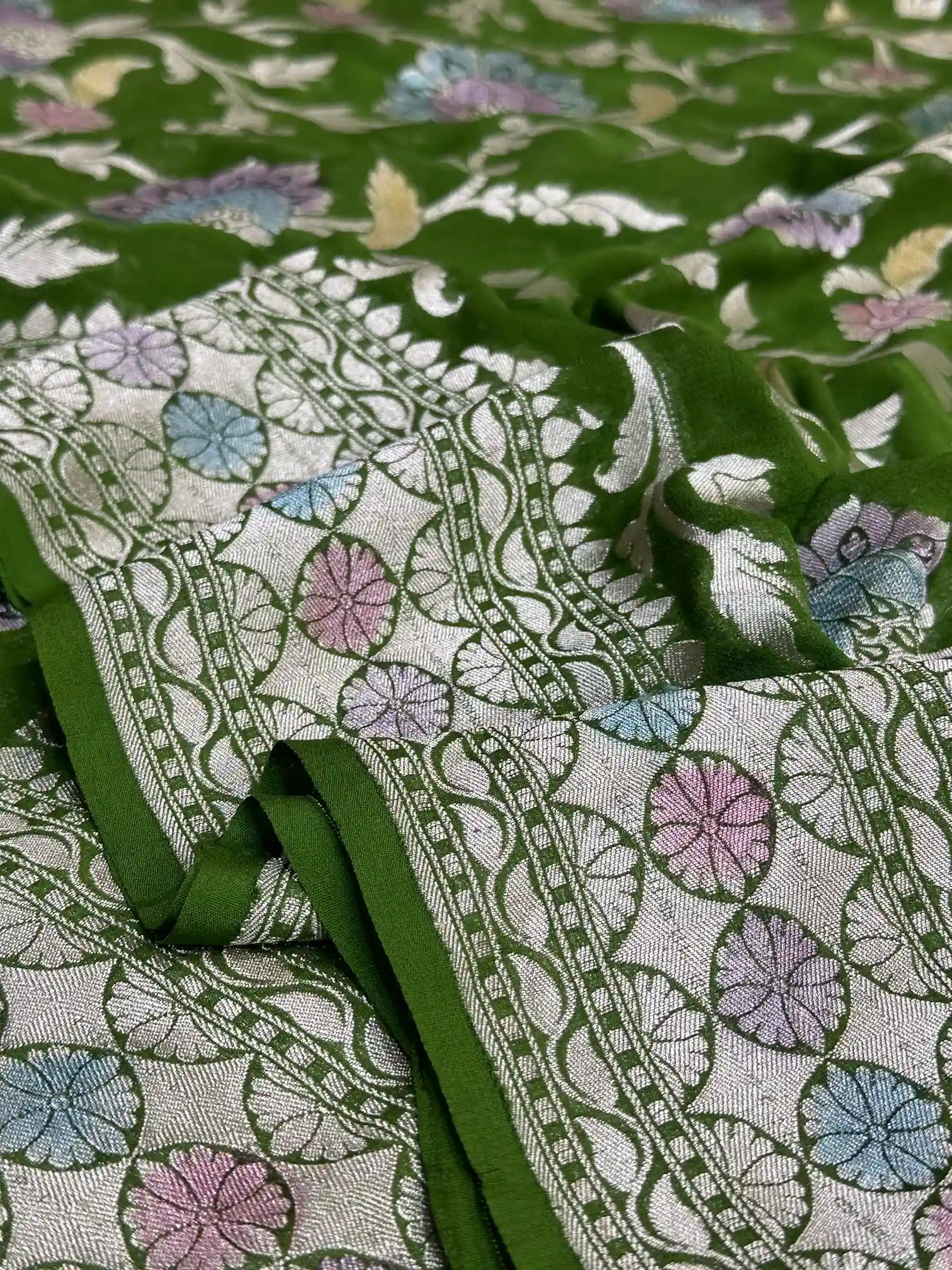 Mehendi Green Hand Dyed Khaddi Georgette Banarasi Saree