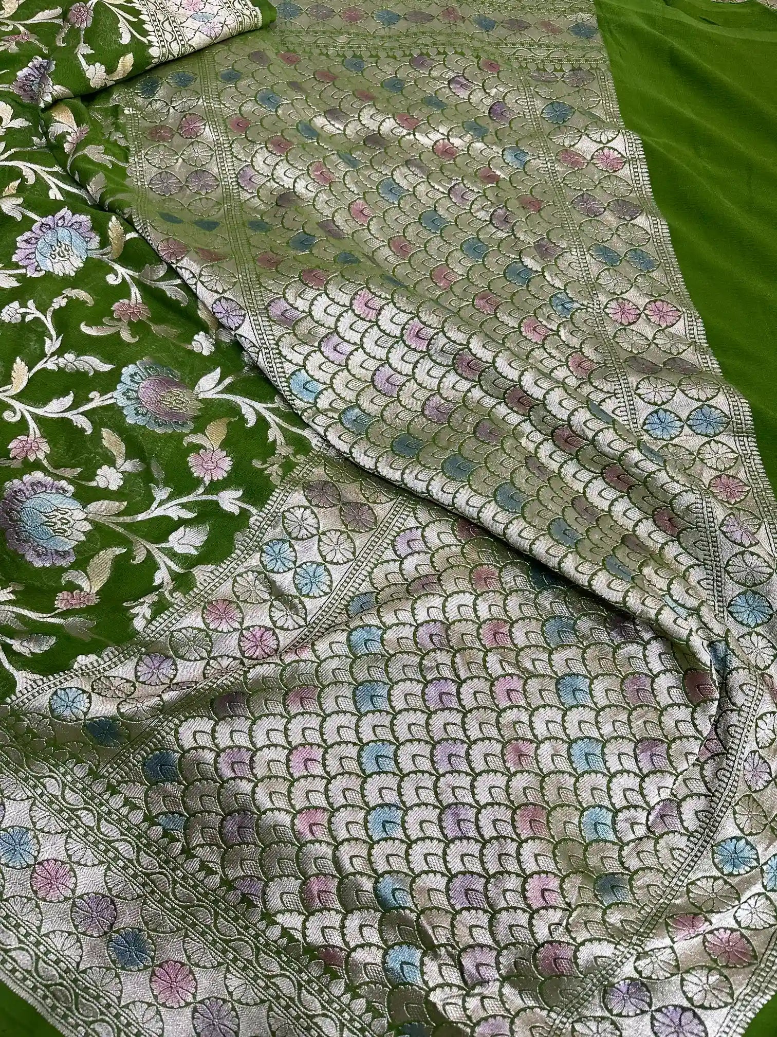 Mehendi Green Hand Dyed Khaddi Georgette Banarasi Saree