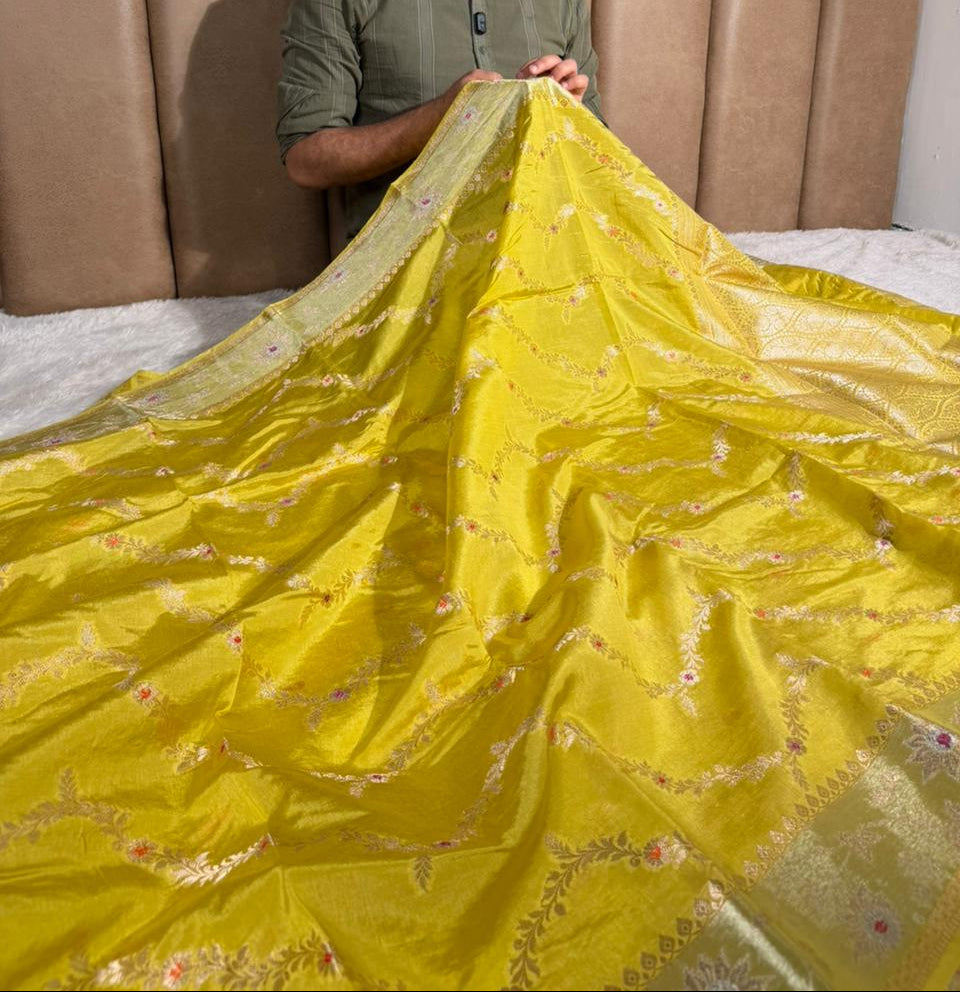 Mehendi green chinia silk meenakari banarasi saree