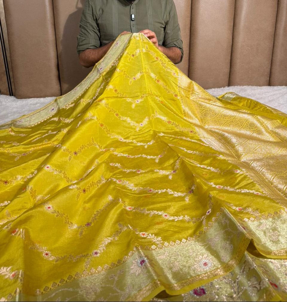 Mehendi green chinia silk meenakari banarasi saree