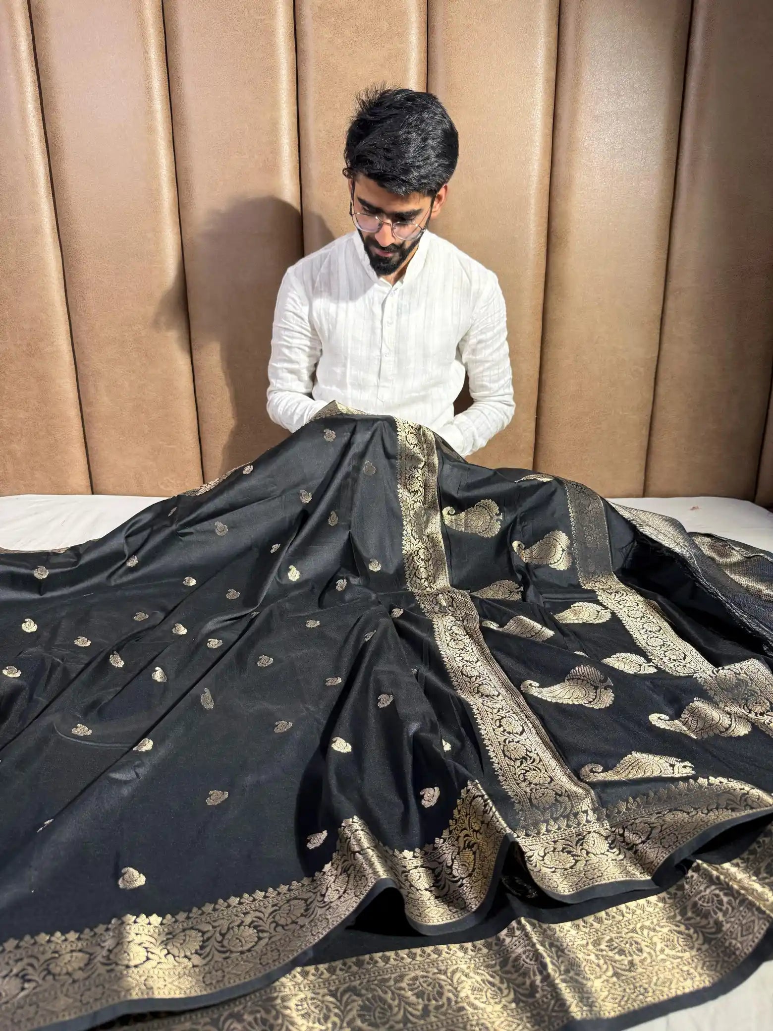 Jet Black Semi Katan Silk Banarasi Saree