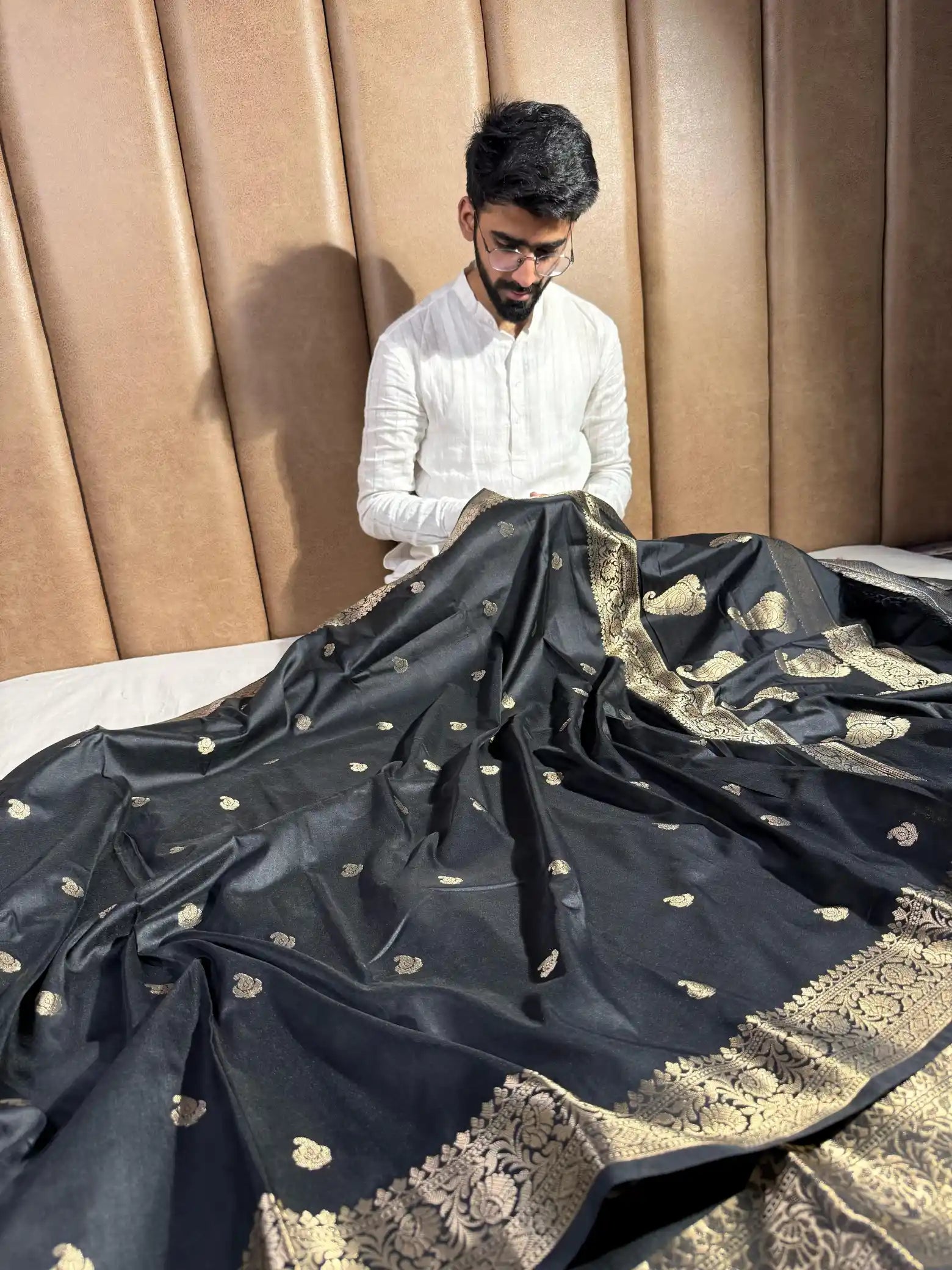 Jet Black Semi Katan Silk Banarasi Saree