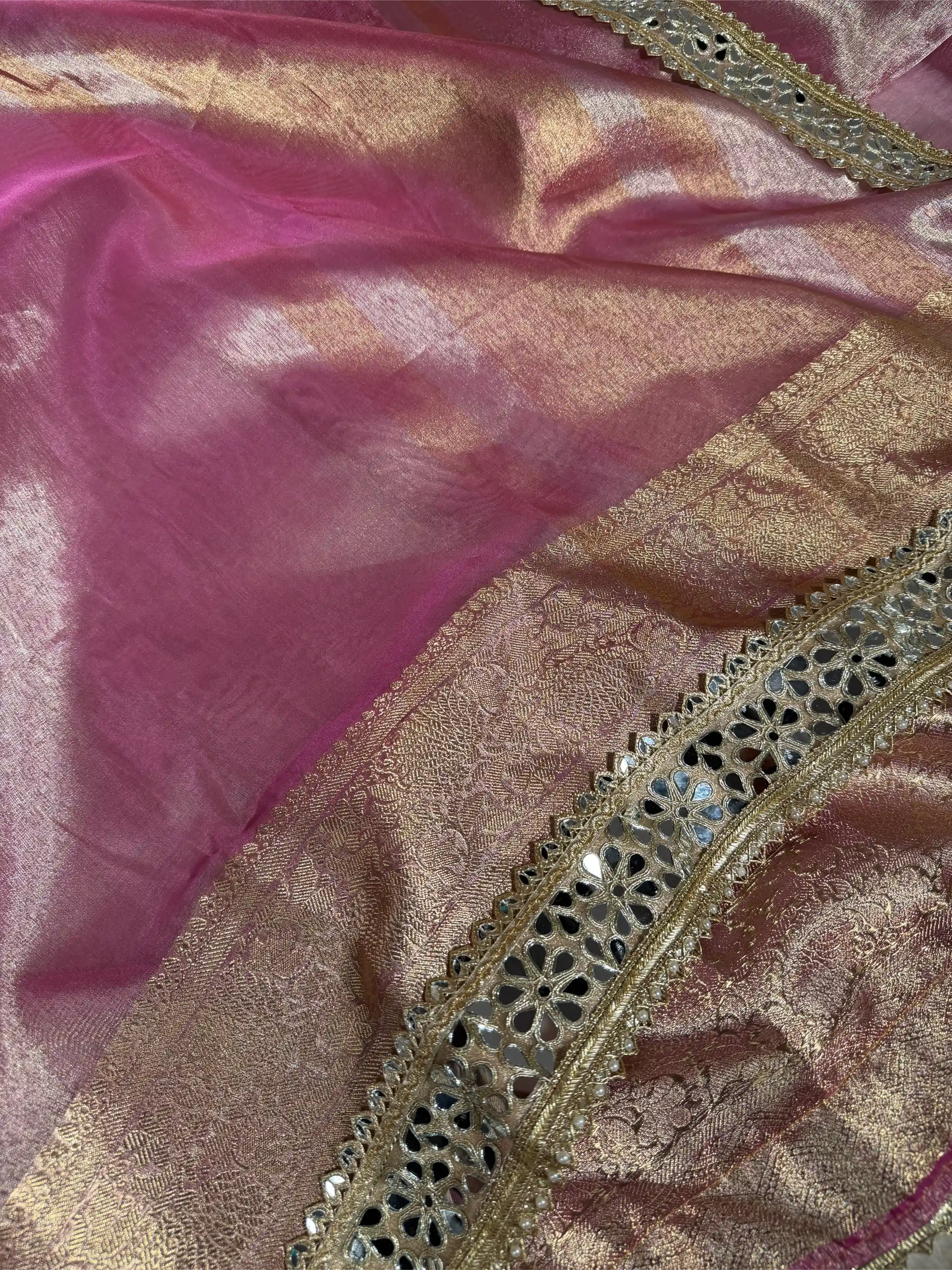 Metallic Baby Pink Bridal Tissue Silk Mirror Work Banarasi Saree