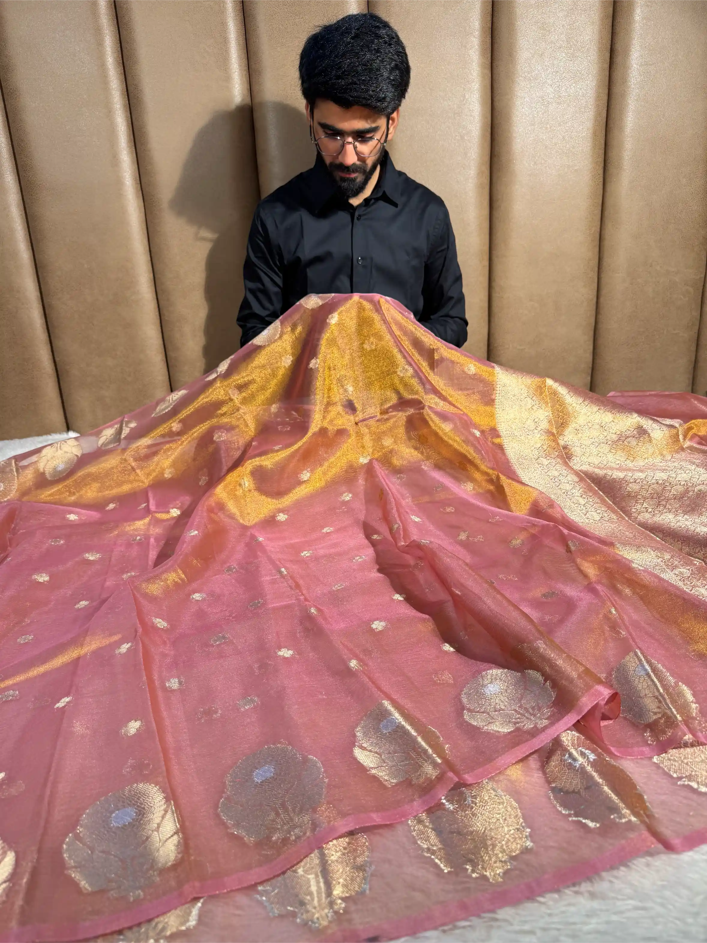 Metallic Barbie Pink Kora Tissue Silk Dhoop Chaun Weave Contemporary Banarasi Saree