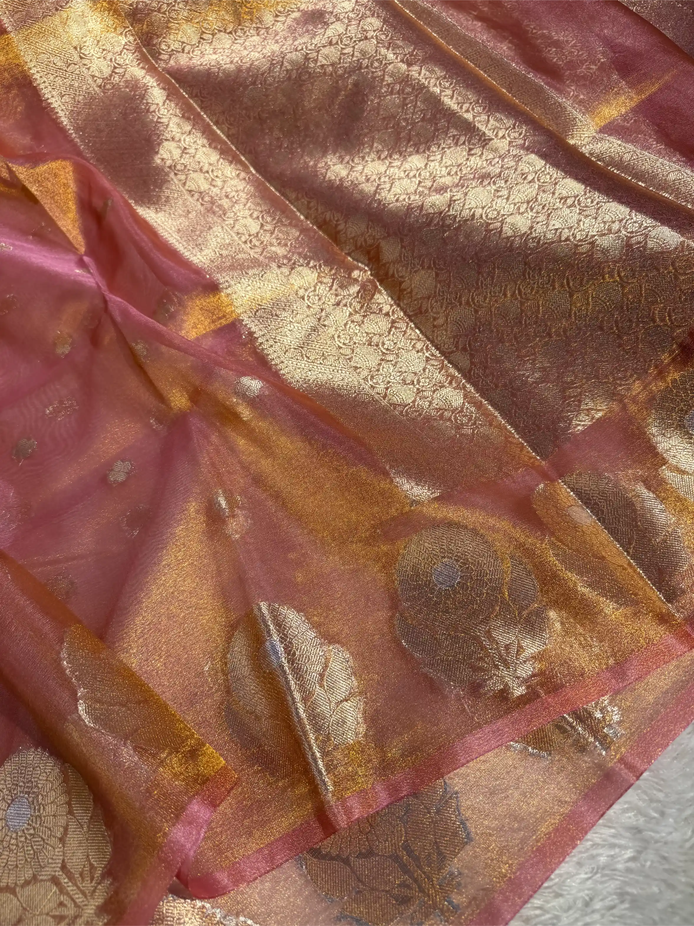 Metallic Barbie Pink Kora Tissue Silk Dhoop Chaun Weave Contemporary Banarasi Saree