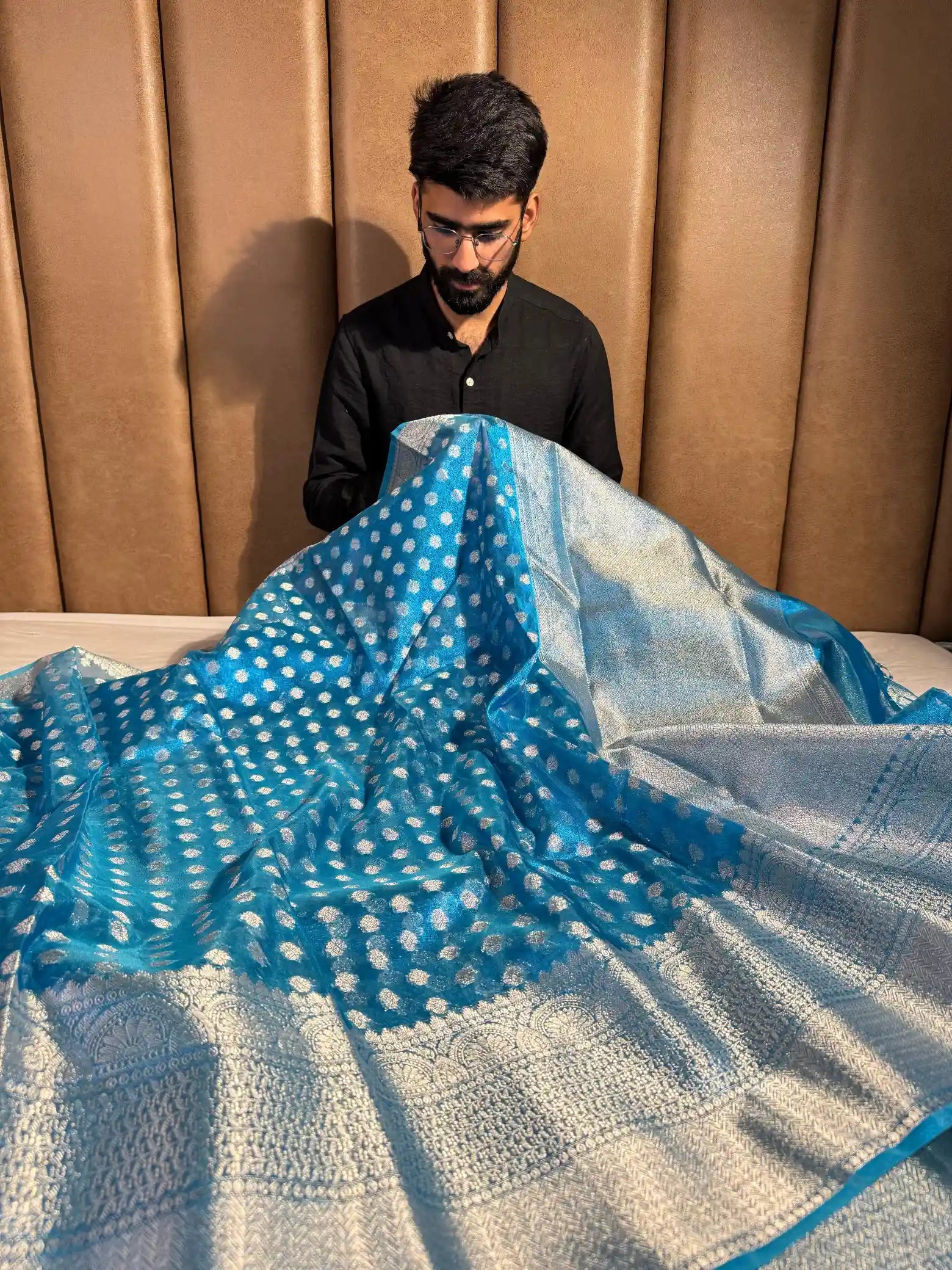 Metallic Blue Glass Tissue Silk Zari Buti Banarasi Saree