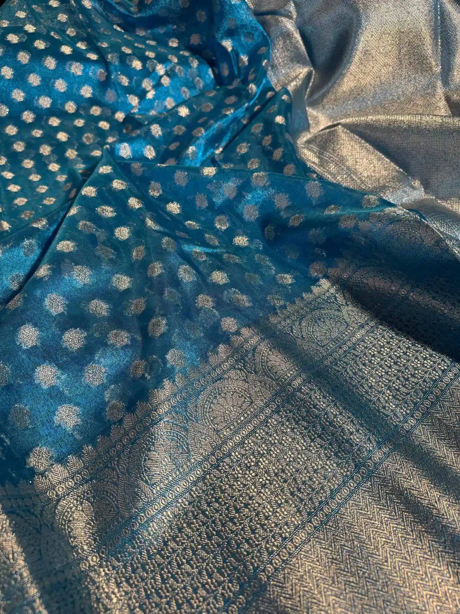 Metallic Blue Glass Tissue Silk Zari Buti Banarasi Saree