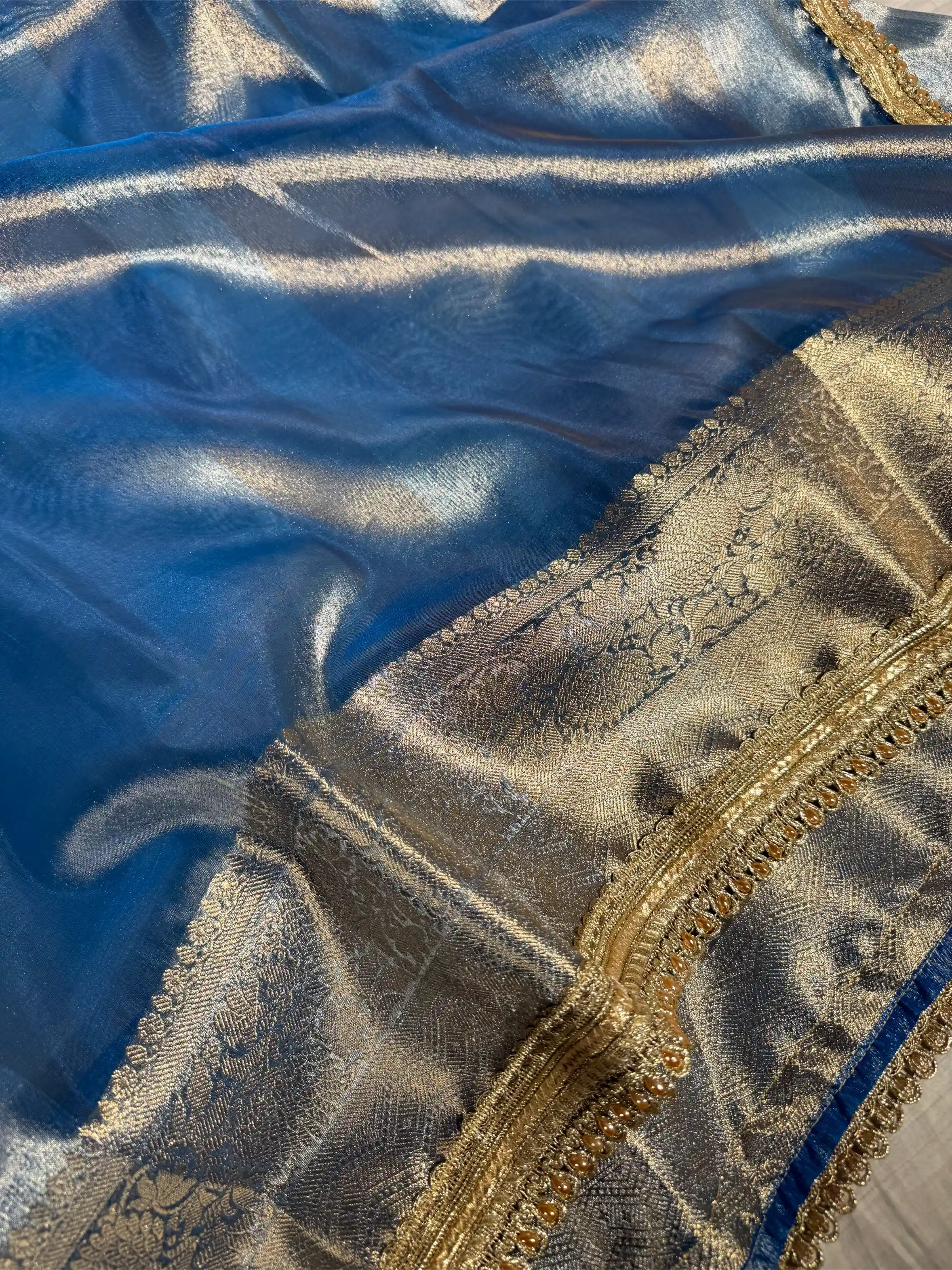 Metallic Blue Tissue Silk Designer Lace Attached Banarasi Saree