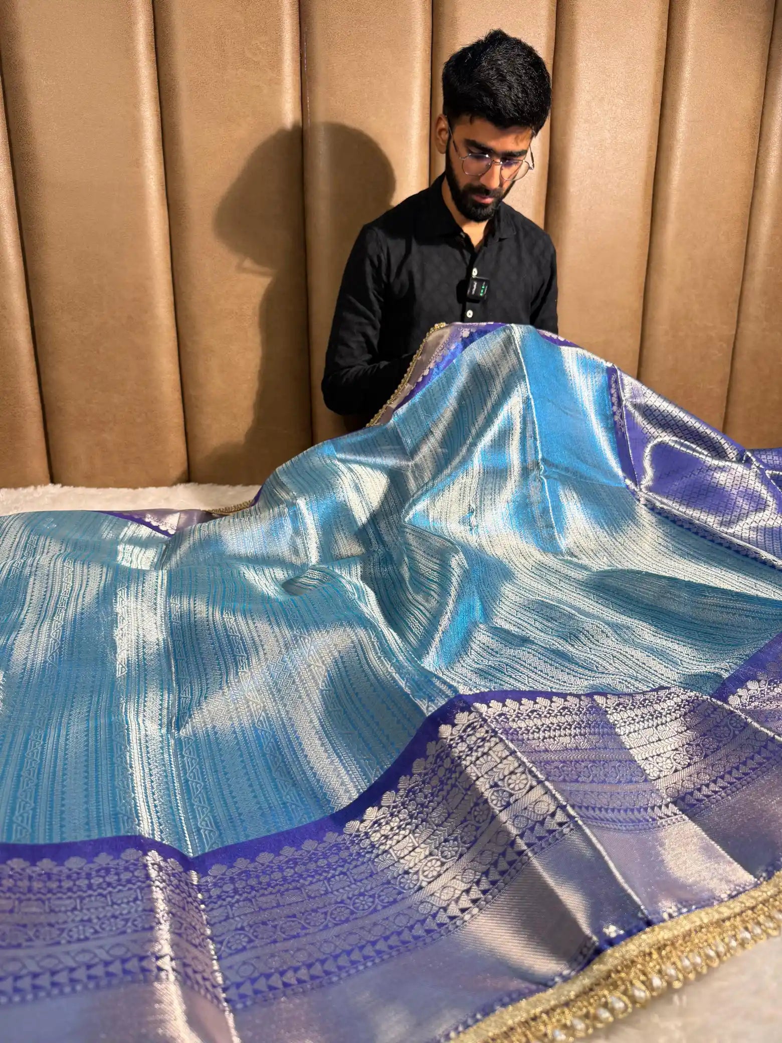 Metallic Blue Tissue Silk Designer Lace Work Banarasi Saree