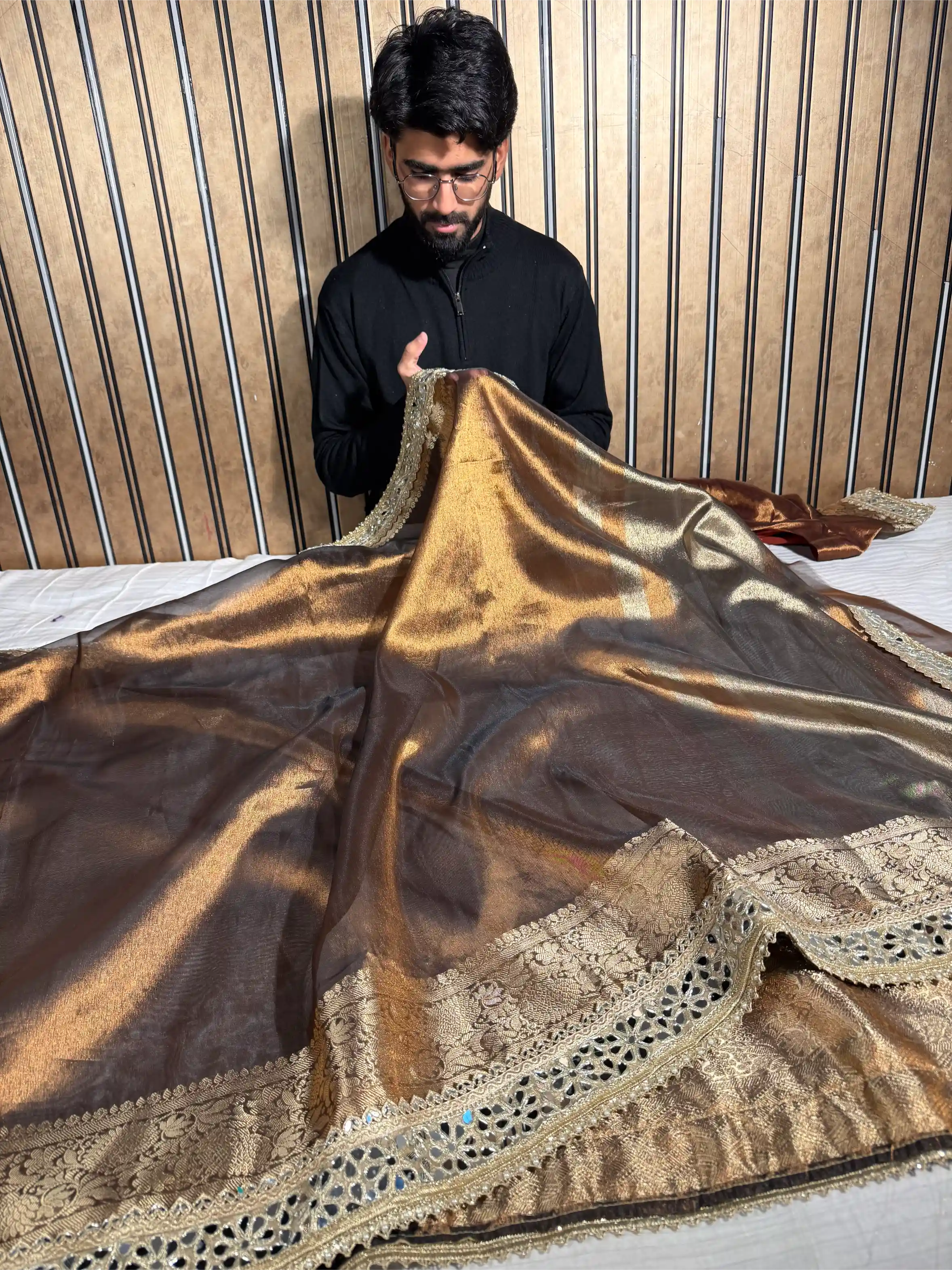 Metallic Brown Tissue Silk Mirror Work Banarasi Saree