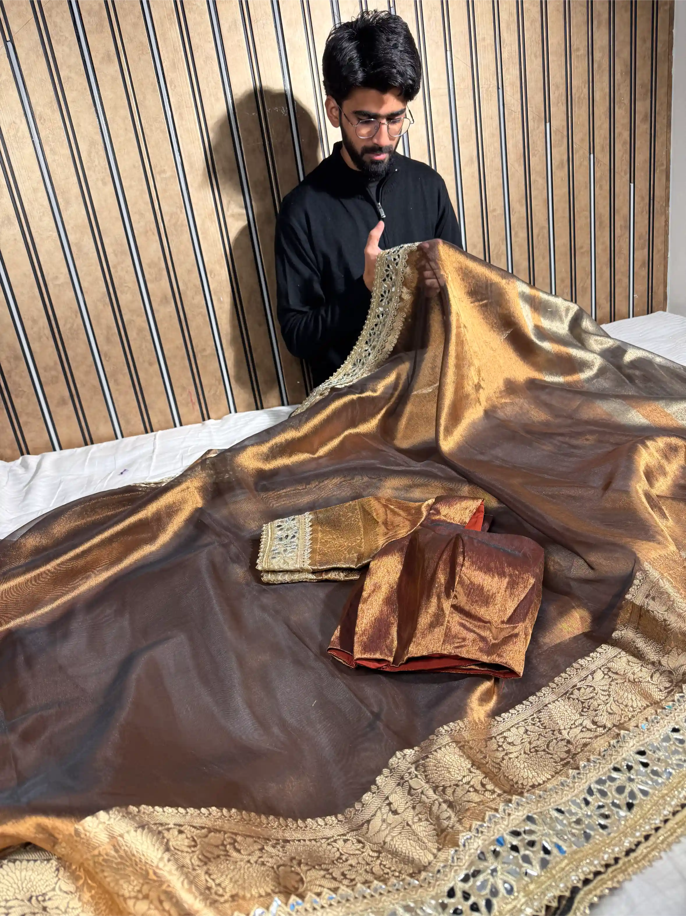 Metallic Brown Tissue Silk Mirror Work Banarasi Saree