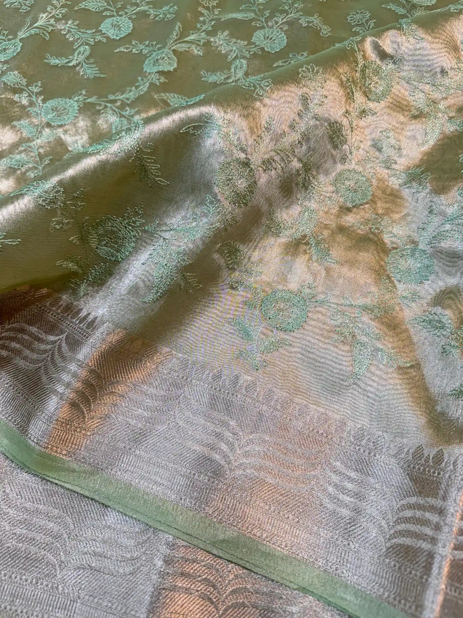 Metallic Green Banarasi Tissue Silk Chikankari Work Saree
