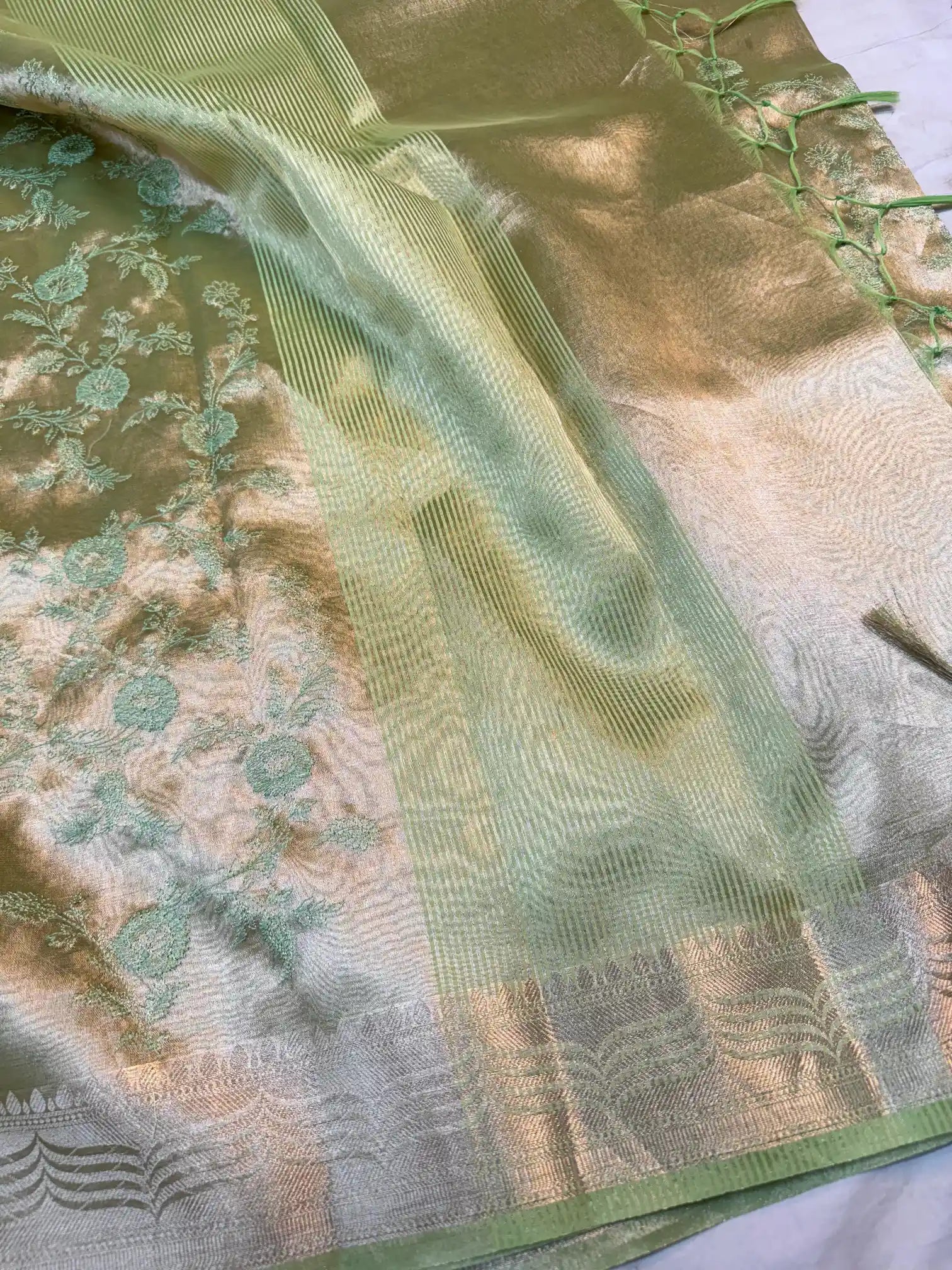 Metallic Green Banarasi Tissue Silk Chikankari Work Saree