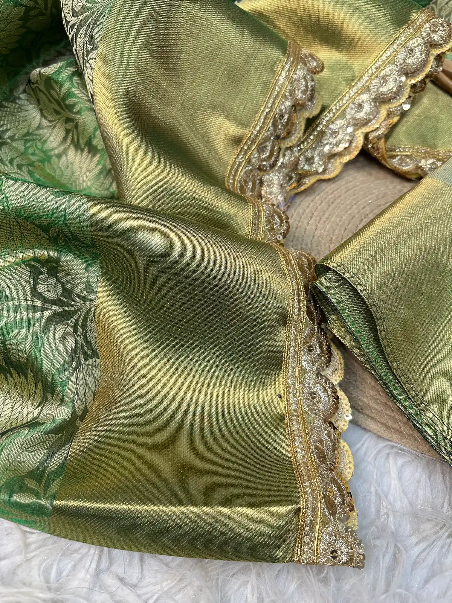 Metallic Green Banarasi Tissue Silk Exclusive Lace Work Saree