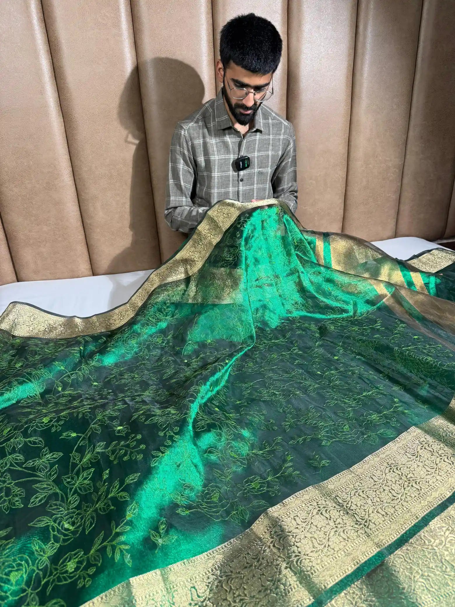Metallic Green Chikankari Embroidered Tissue Silk Saree