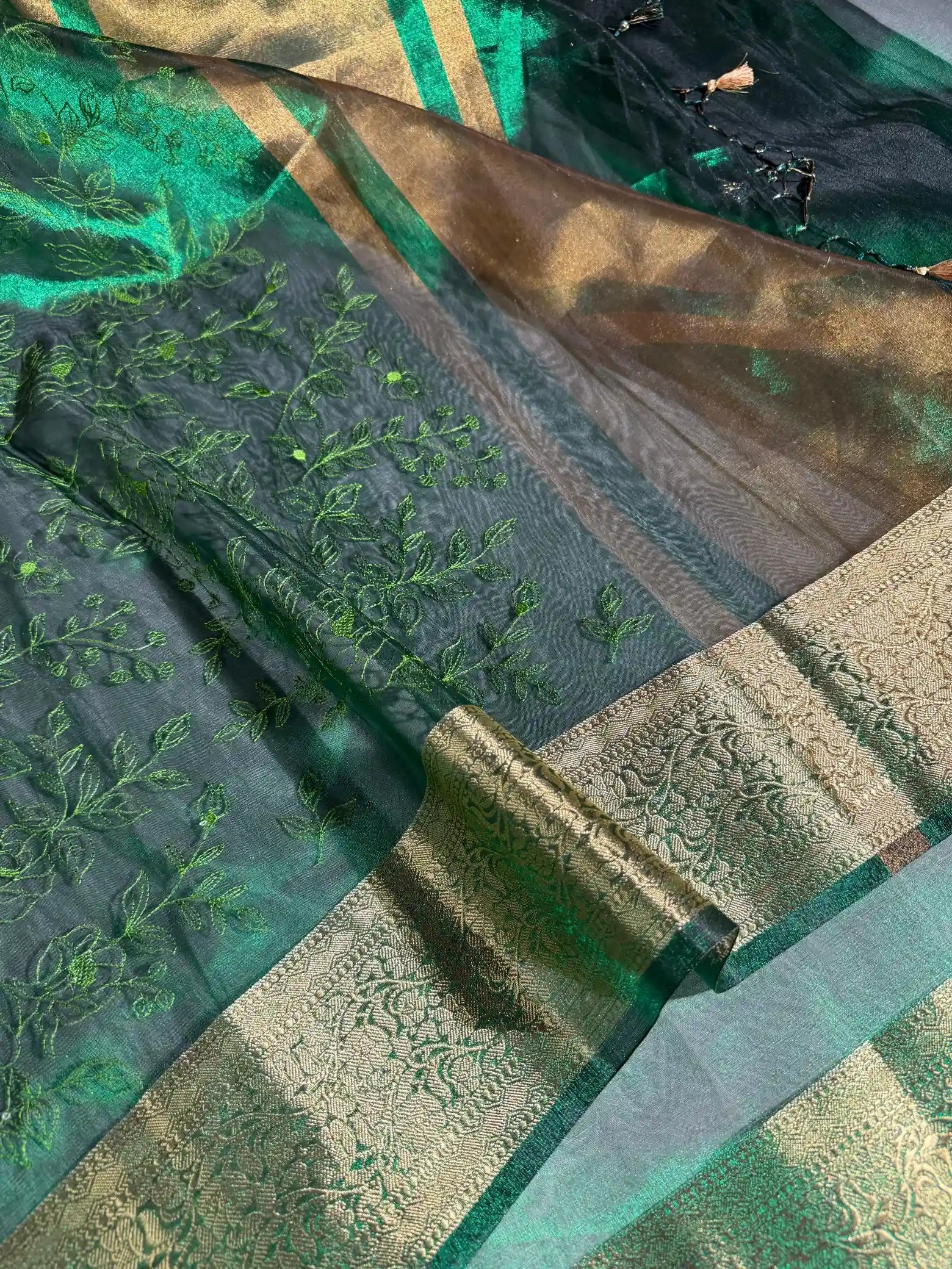 Metallic Green Chikankari Embroidered Tissue Silk Saree