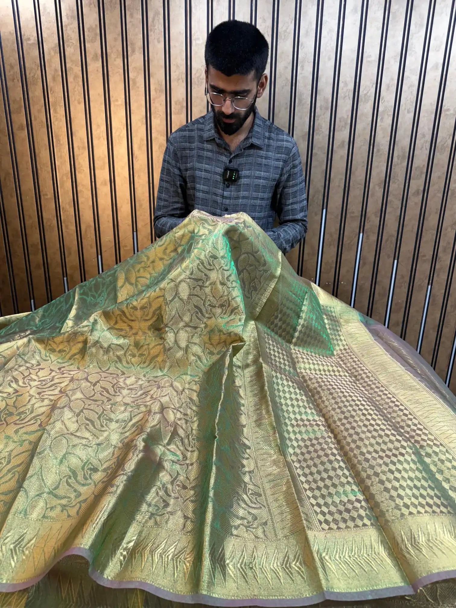 Metallic Green Glass Tissue Silk Golden Zari Embossed Banarasi Saree