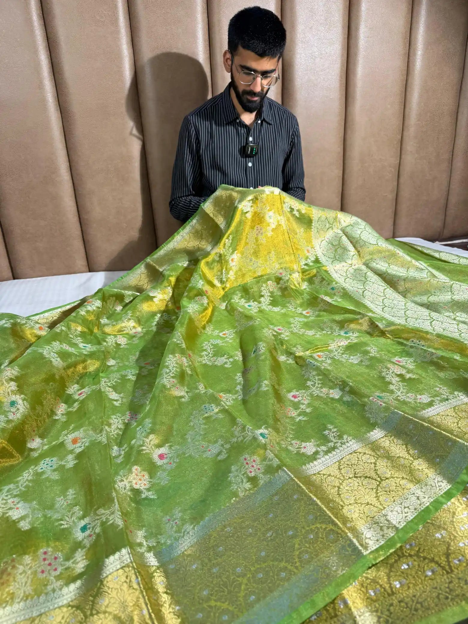 Metallic Green Intricate Meena Weave Tissue Silk Heritage Banarasi Saree