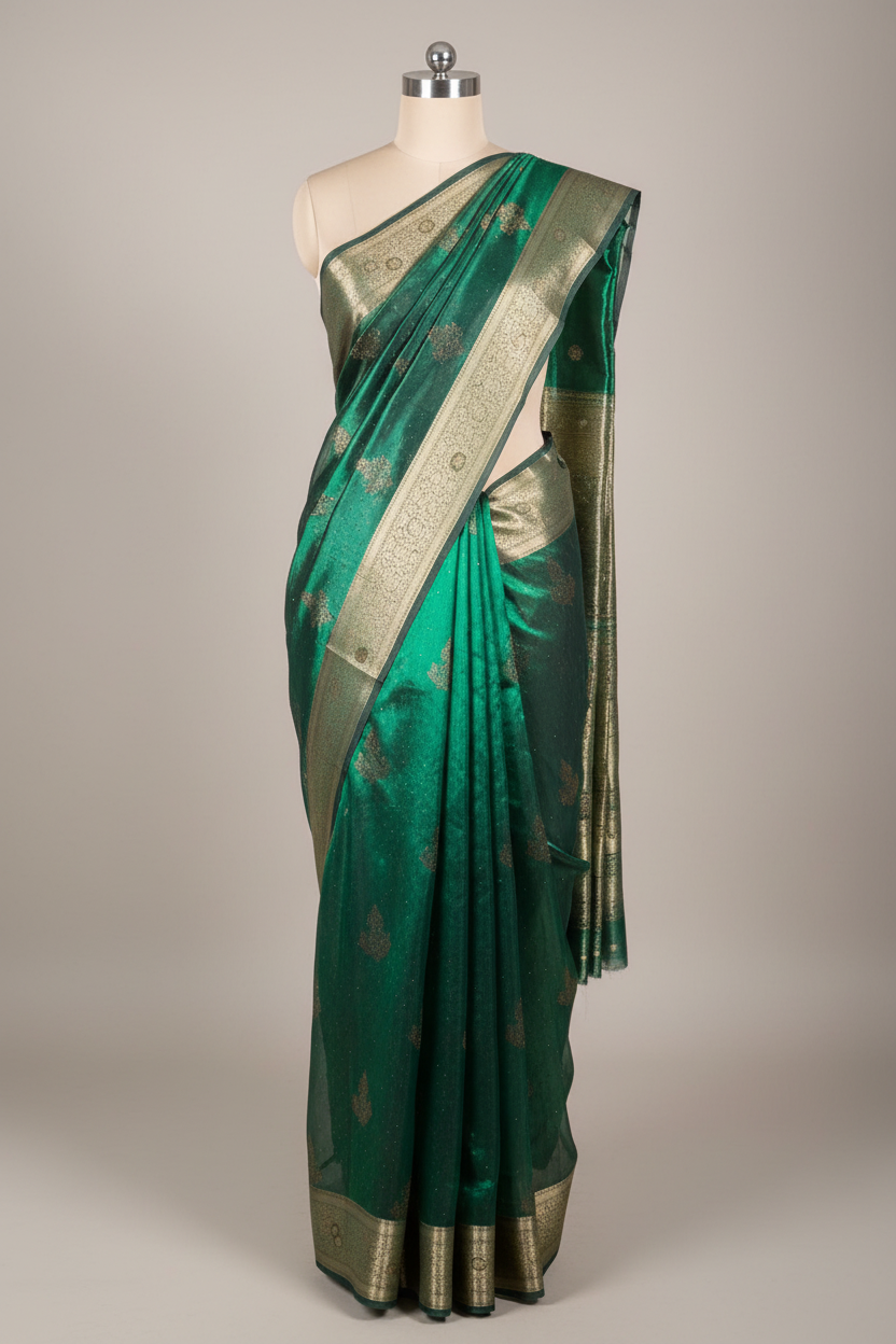 Metallic Green Kora Tissue Silk Swarovski Work Saree