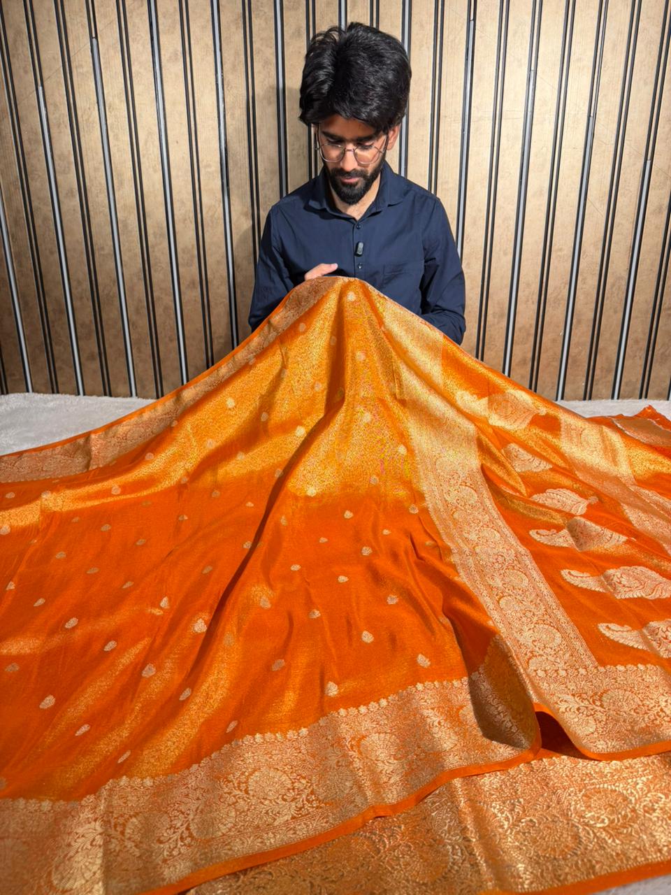 Metallic Orange Breathable Soft Tissue Silk Banarasi saree