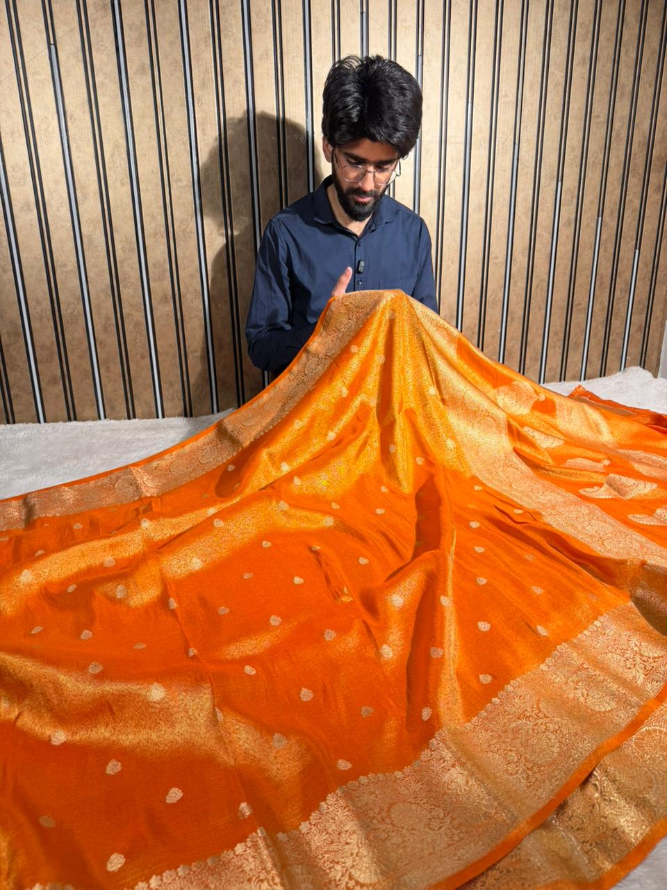 Metallic Orange Breathable Soft Tissue Silk Banarasi saree