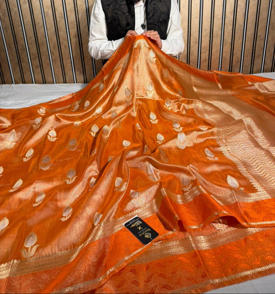 Metallic Orange Breathable Tissue Silk Flower Buta Banarasi Saree