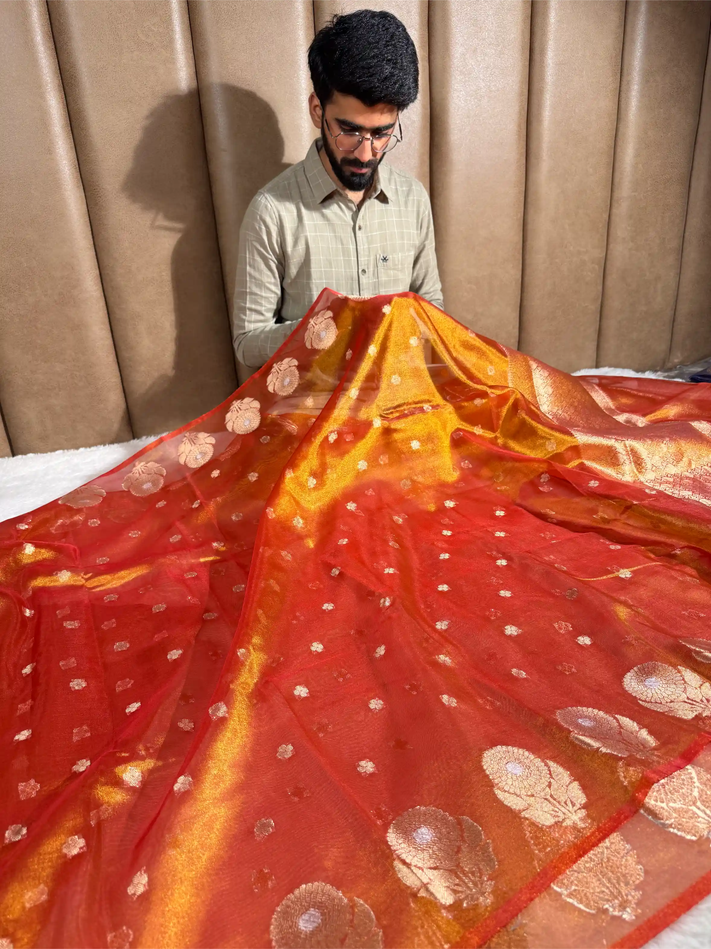 Metallic Orange Eccentric Soft Tissue Silk Banarasi Saree