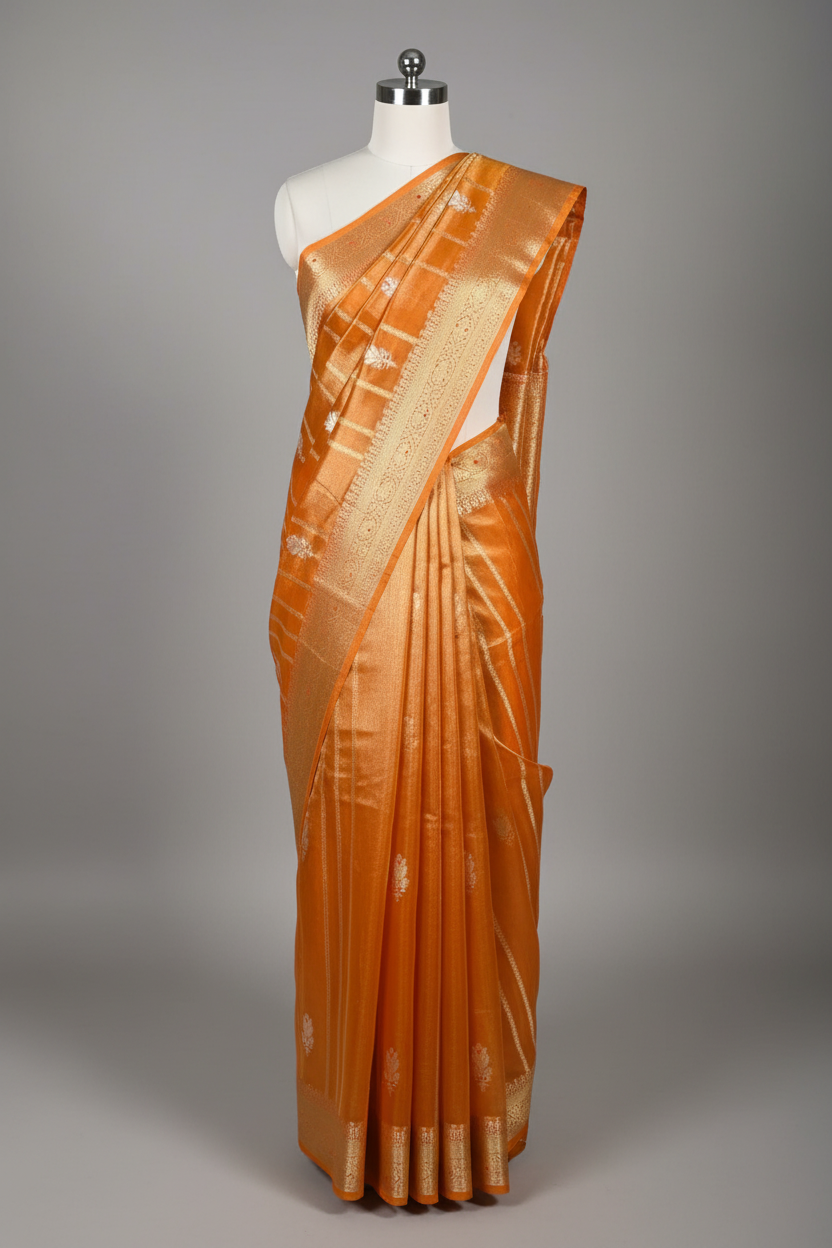 Metallic Orange Kora Tissue Silk Contemporary Meenakari Weave Banarasi Saree