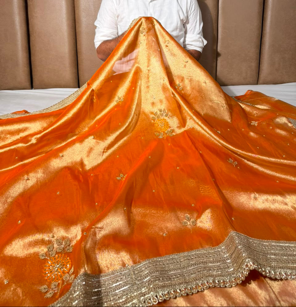 Metallic Orange Kora Tissue Silk Handwork Saree